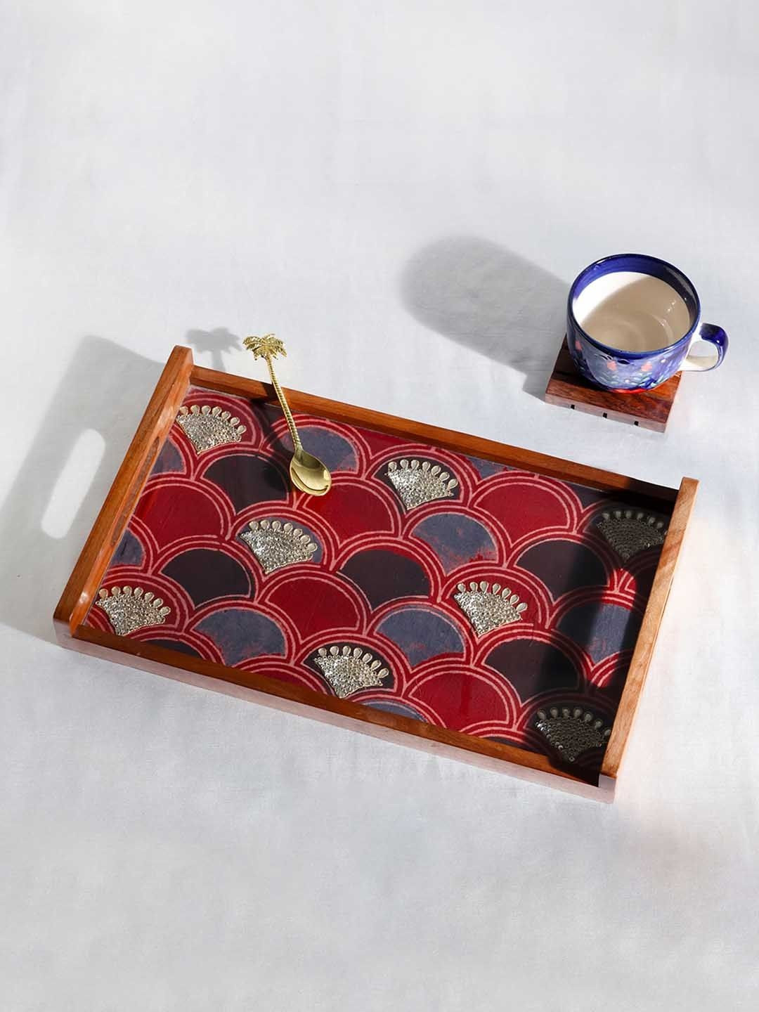 Eyaas Maroon & Blue Gota Work Rectangular Wooden Serving Tray