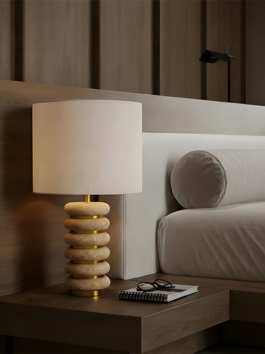 AARVI DECOR STUDIO Off White And Gold Toned Adjustable Cylindrical Shaped Table Lamp