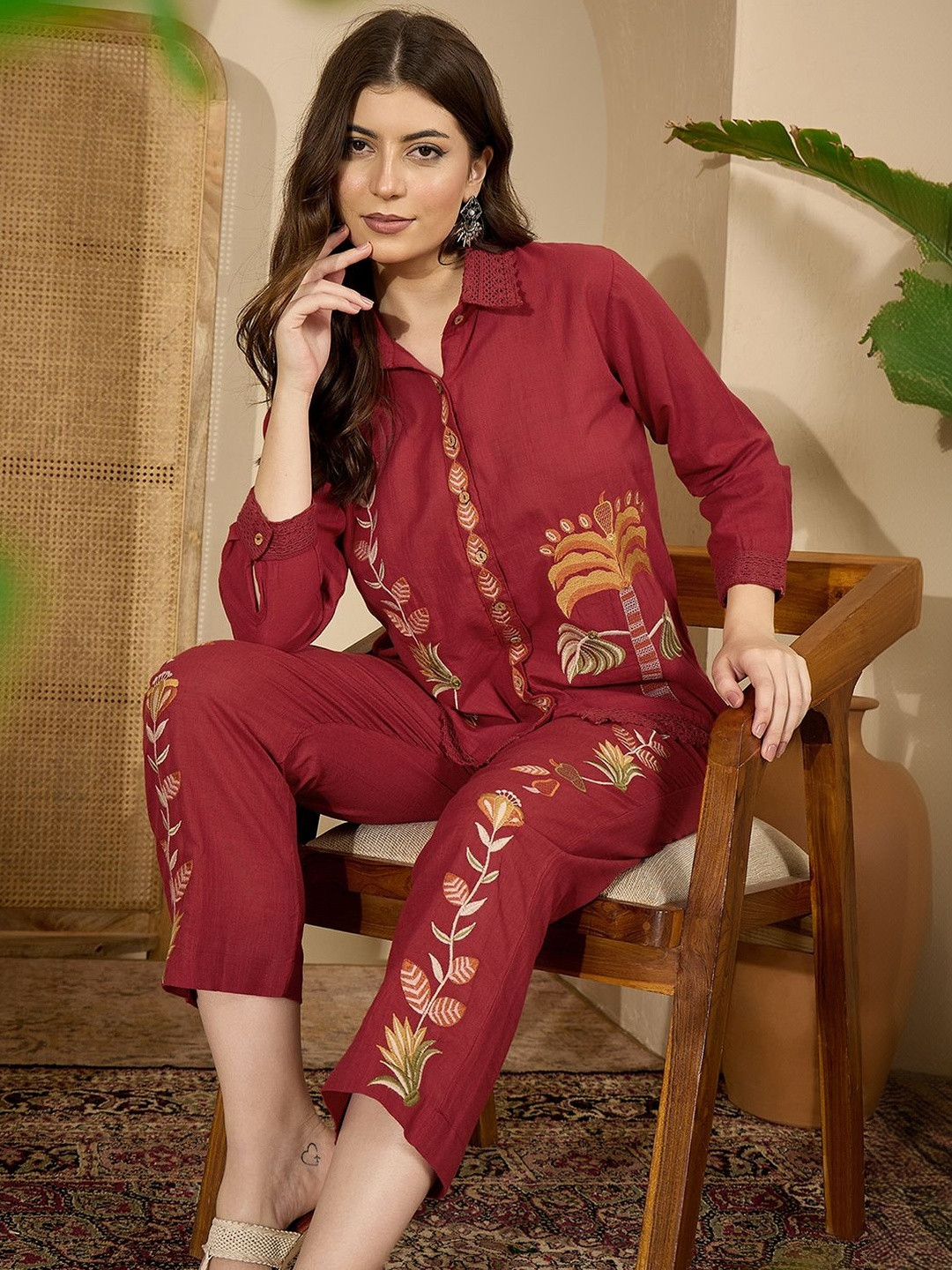 SANISA Embroidered Maroon Cotton Co Ords for Women