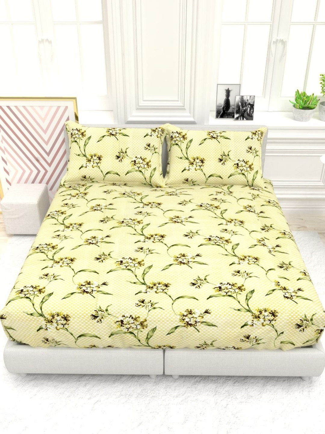 THE WHITE MOSS Yellow Floral 220 TC King Bedsheet with 2 Pillow Covers