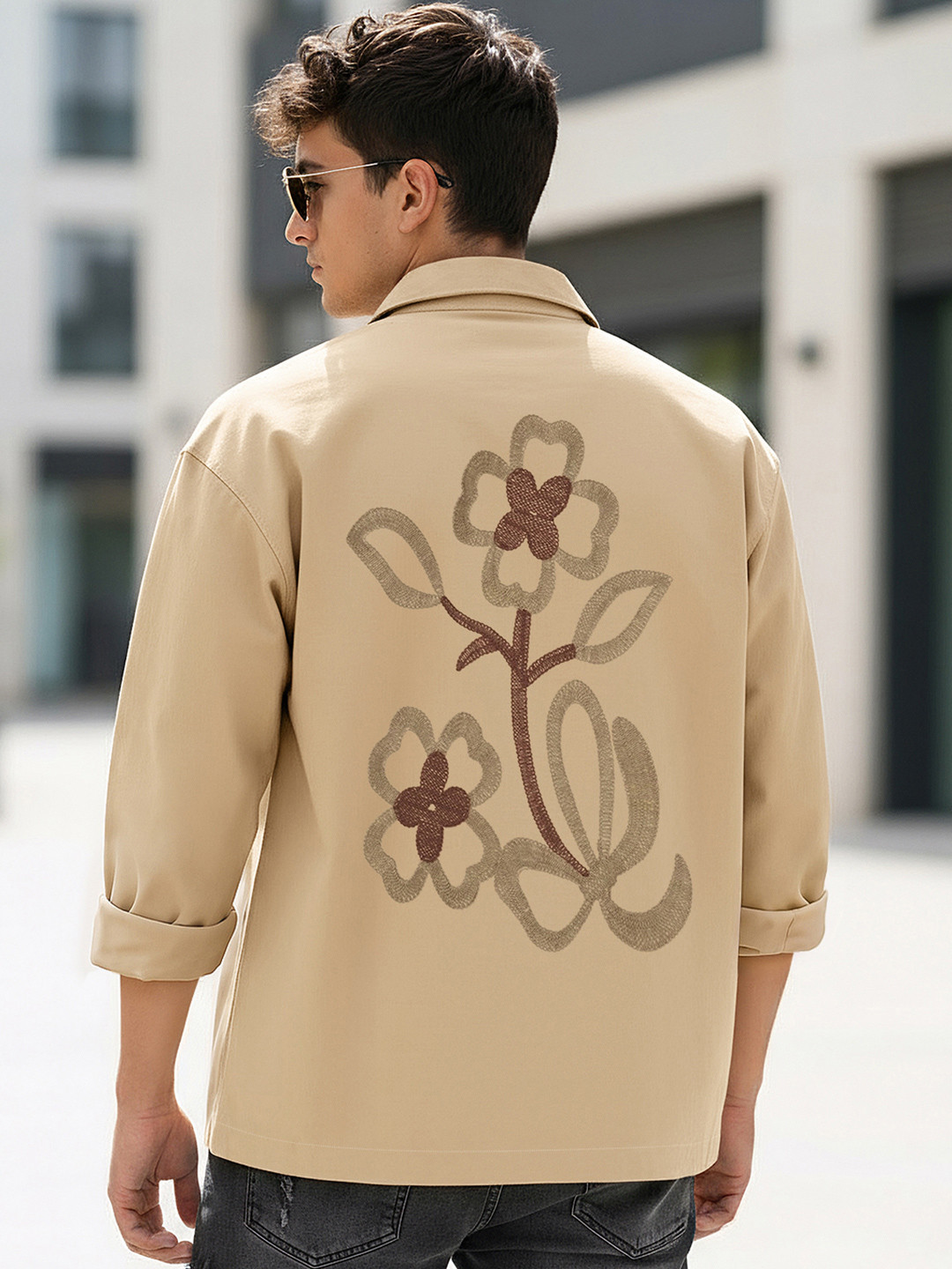 Bewakoof Men Beige Embroidered Oversized Twill Shirt