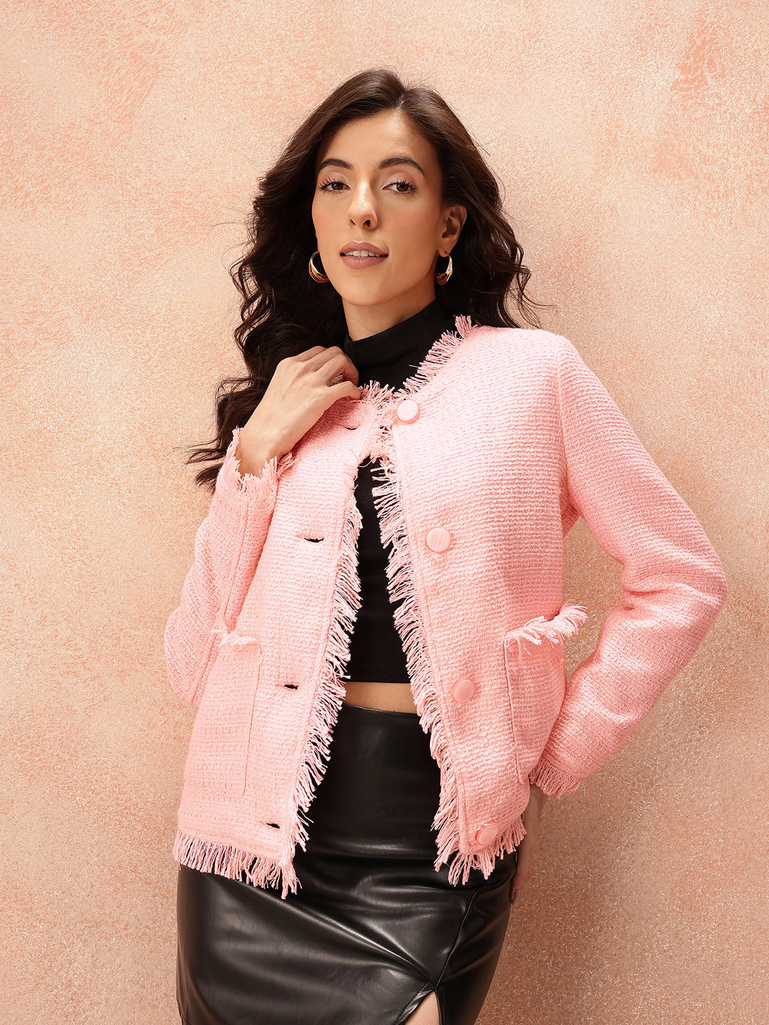 all about you Tweed Weave Tailored Jacket with Fringed Details
