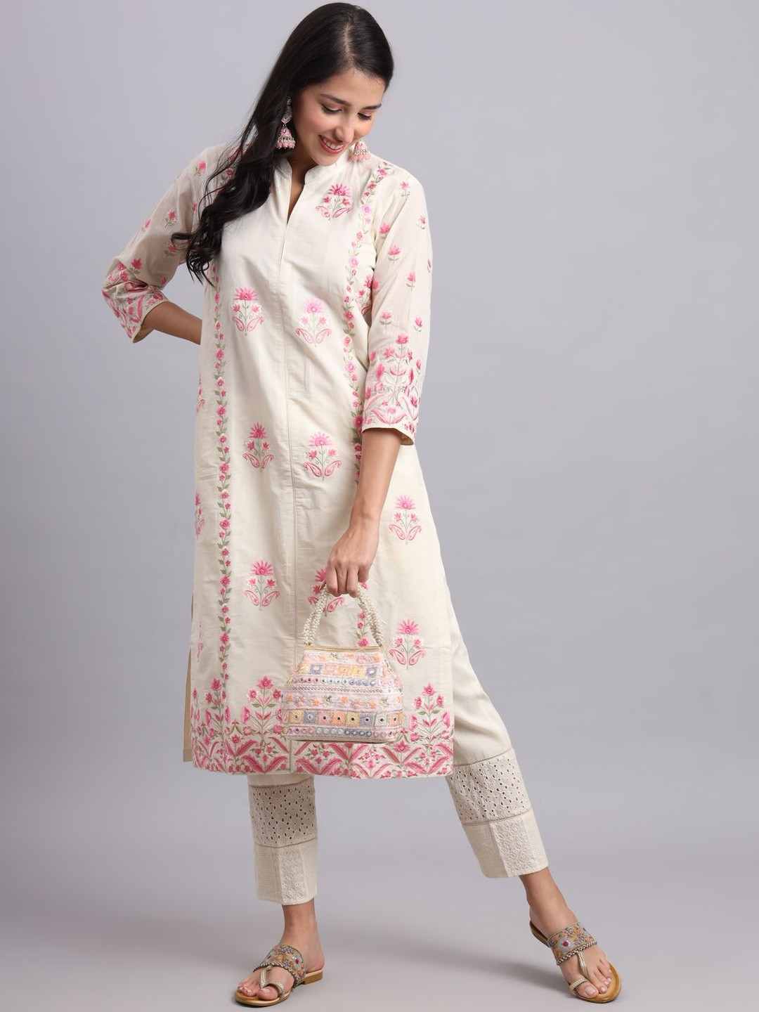 SIRIKANHA Women Floral Embroidered Regular Thread Work Pure Cotton Kurta with Trousers