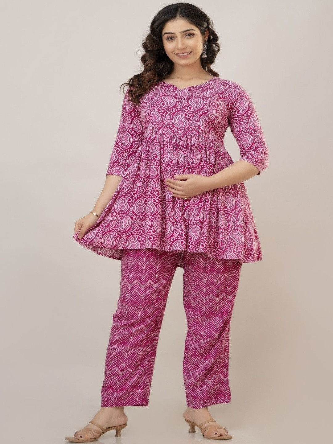 SAADGEE Printed Pure Cotton Maternity Tunic With Trousers