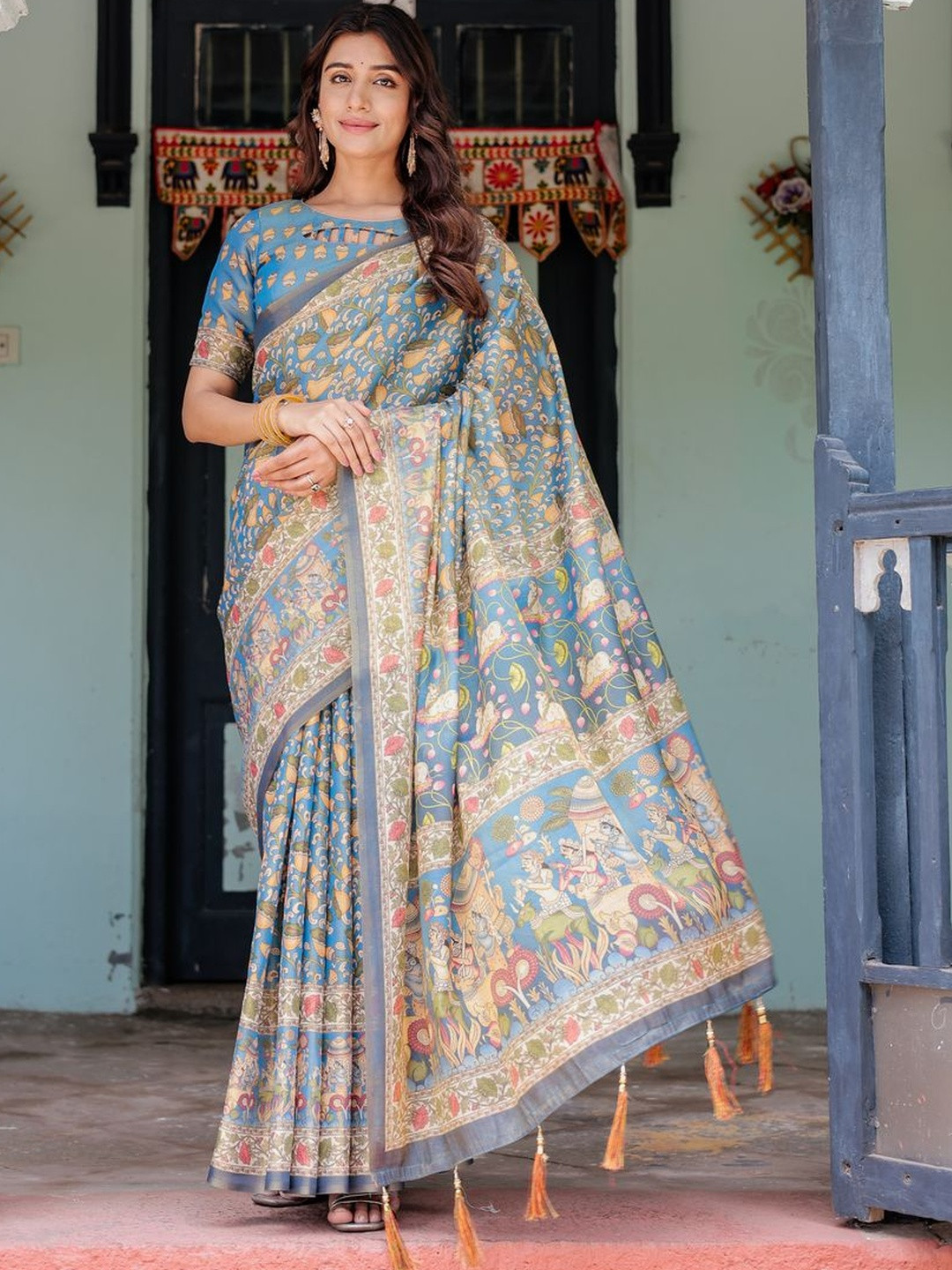ALMAARI FASHION Kalamkari Pure Cotton Kanjeevaram Saree And Unstitched Blouse