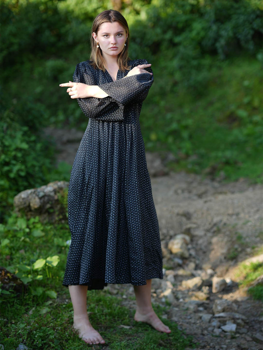 RAAS LIFE Polka Dot Print Flared Sleeve A-Line Midi Dress