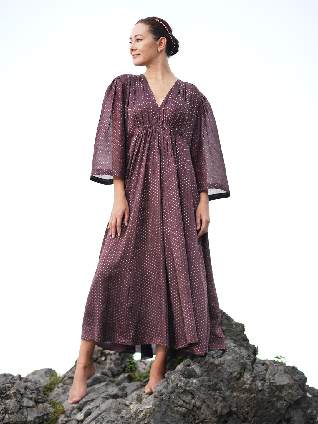 RAAS LIFE Polka Dot Print Puff Sleeve Maxi Dress