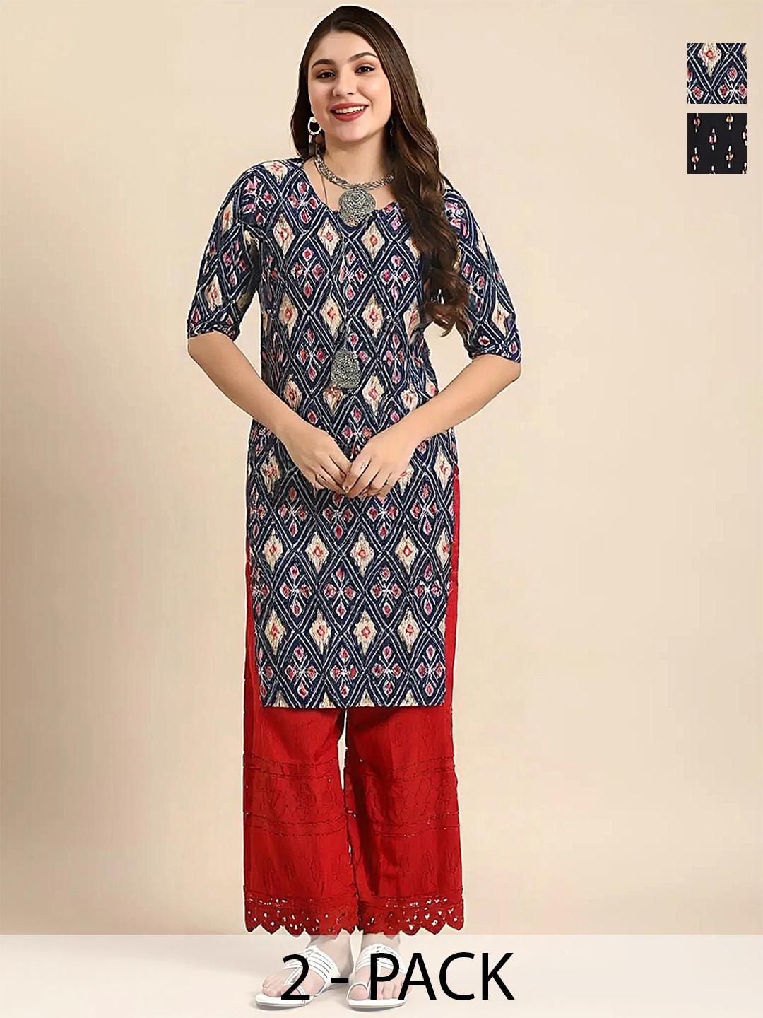 SZN Selection Of 2 Ethnic Motifs Printed Round Neck Straight Indie Florals Kurtas