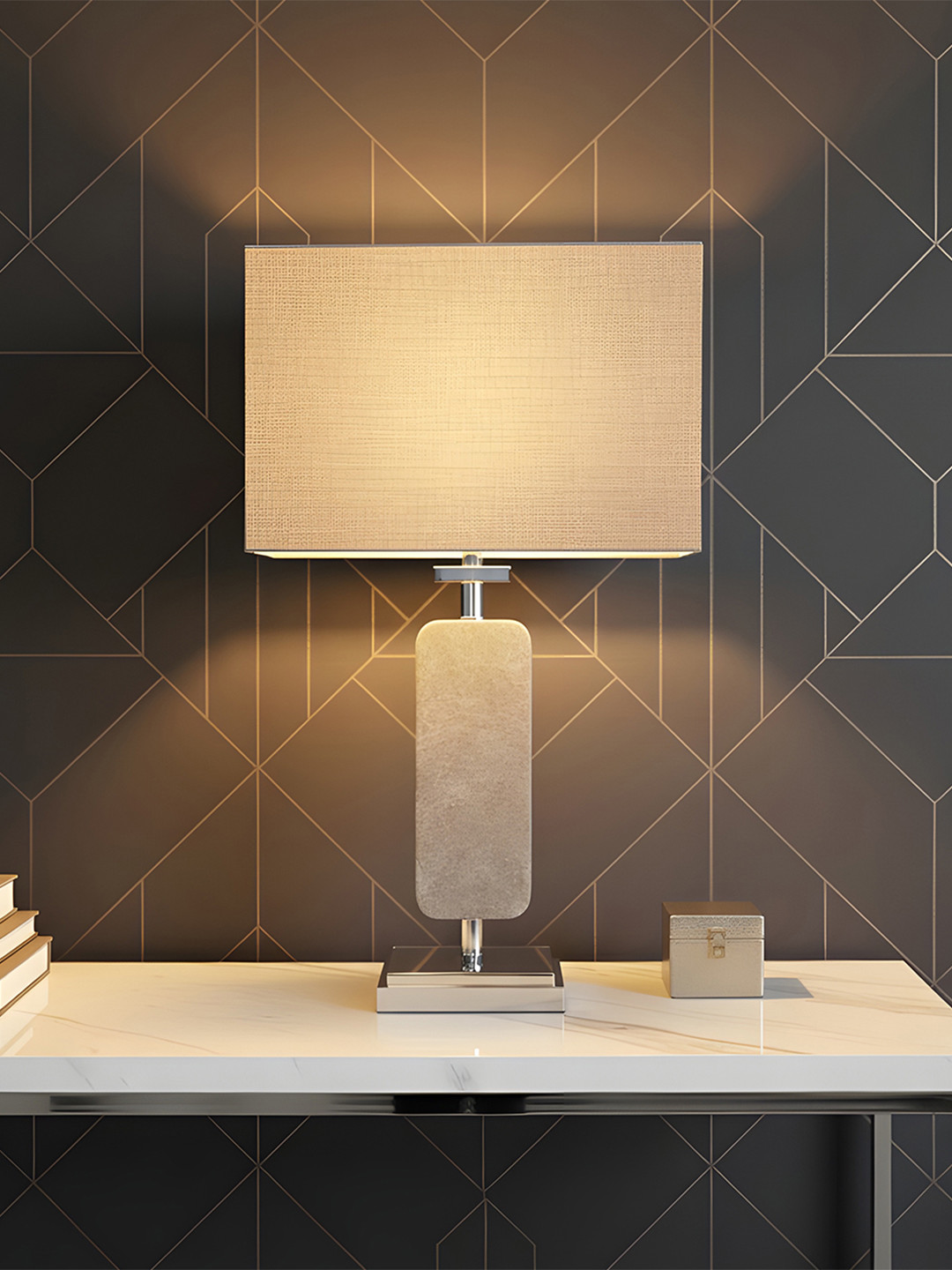 AARVI DECOR STUDIO Brown And Silver Toned Adjustable Rectangular Shaped Table Lamp