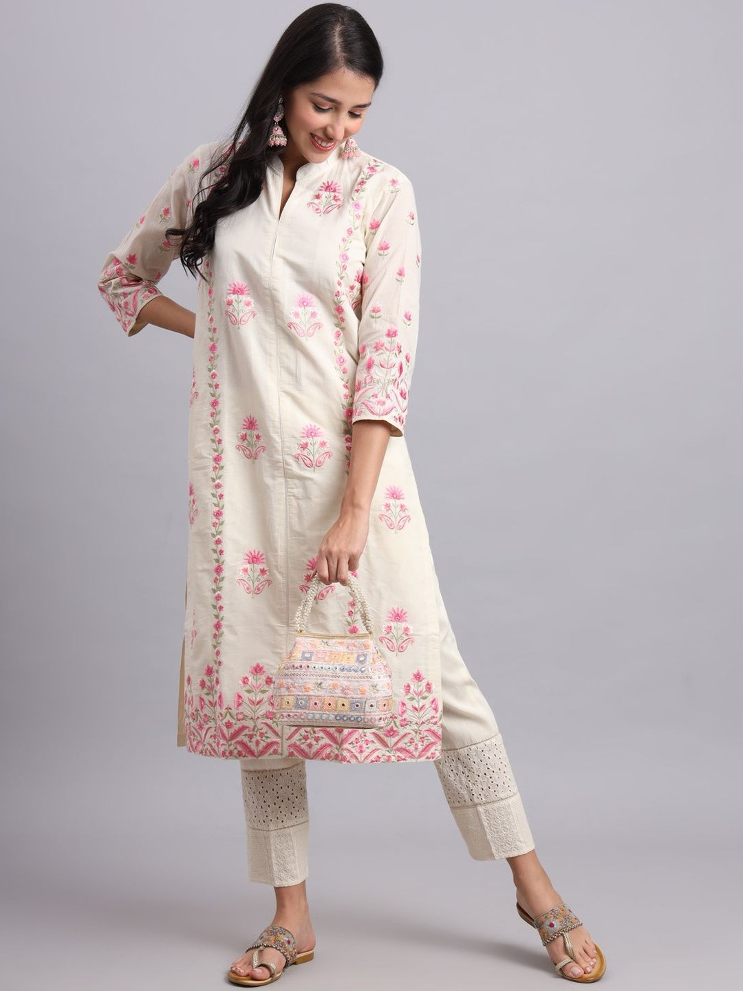 Advance Enterprise Women Floral Embroidered Regular Thread Work Pure Cotton Kurta with Trousers