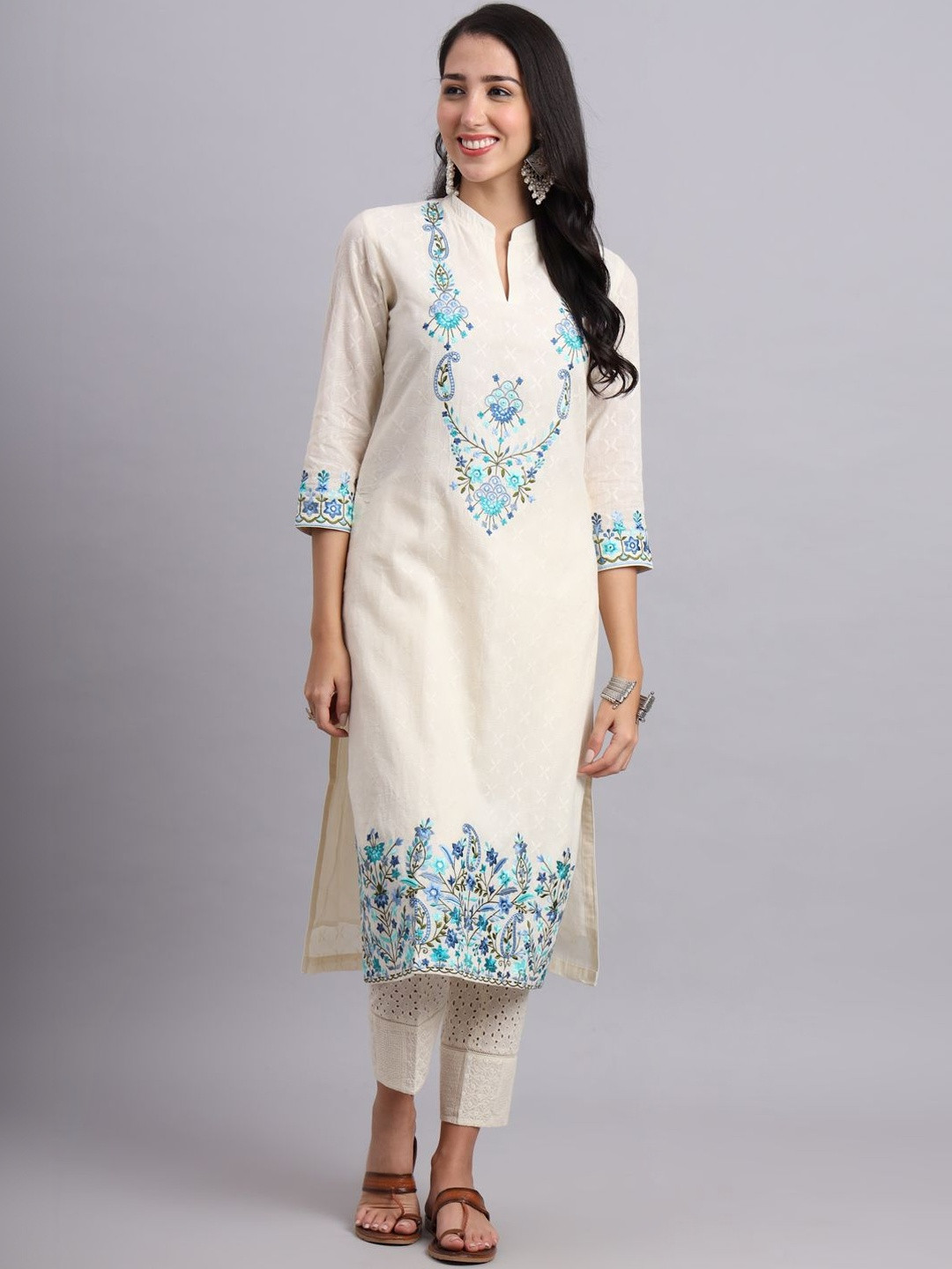 OS INTERNATIONAL Women Ethnic Motifs Embroidered Regular Thread Work Pure Cotton Kurta with Trousers
