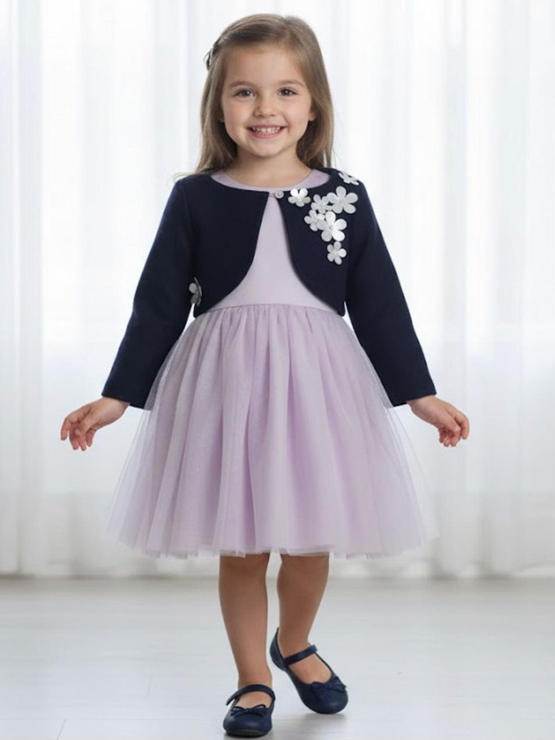 A Little Fable Girls Navy Blue & White Solid Wool Crop Shrug