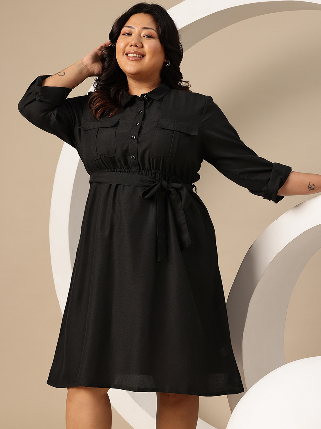 Sztori Plus Size Shirt Collar Belted A-Line Knee Length Dress