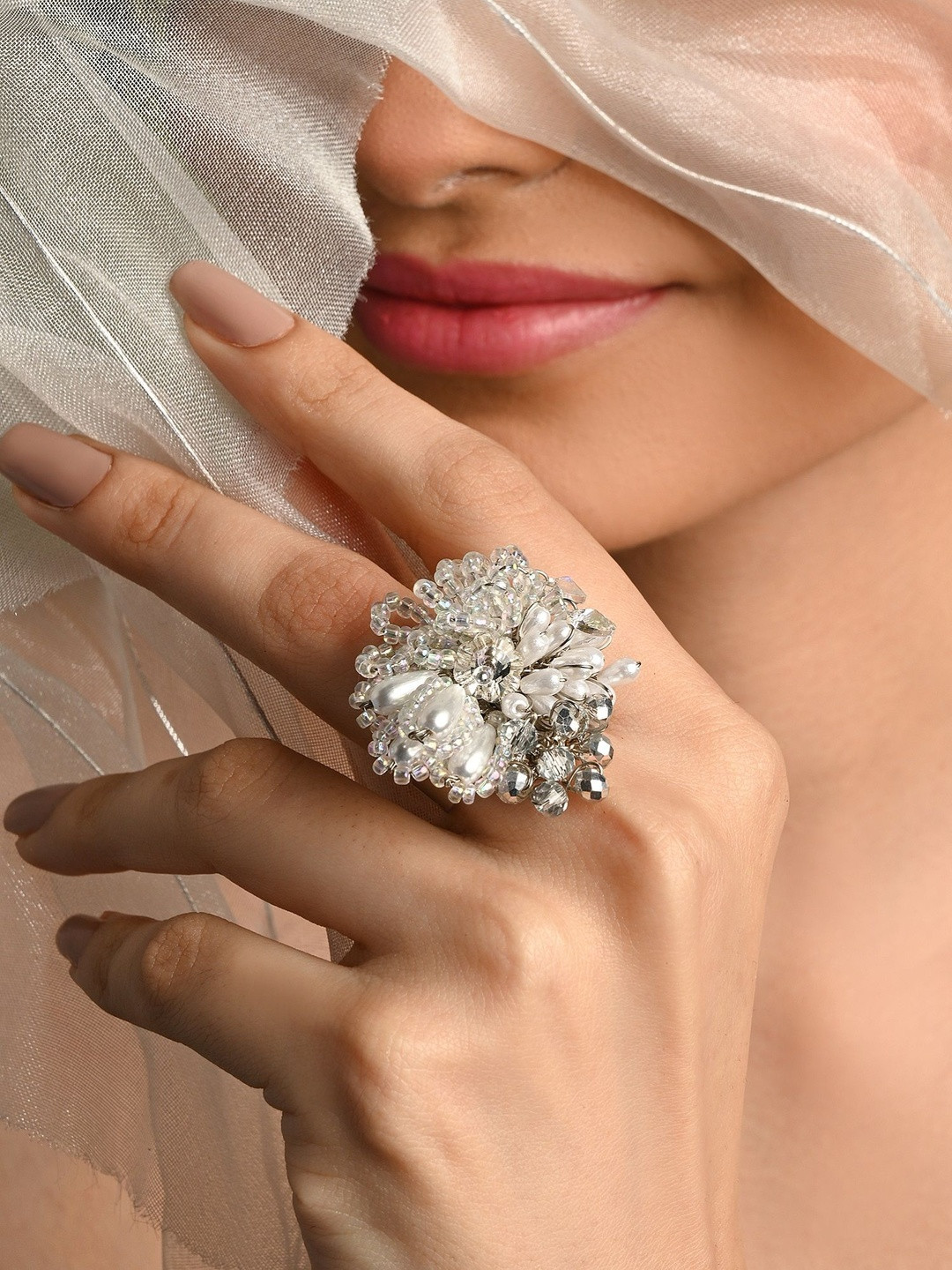 D'oro Sliver-Plated Crystals-Studded Adjustable Finger Ring