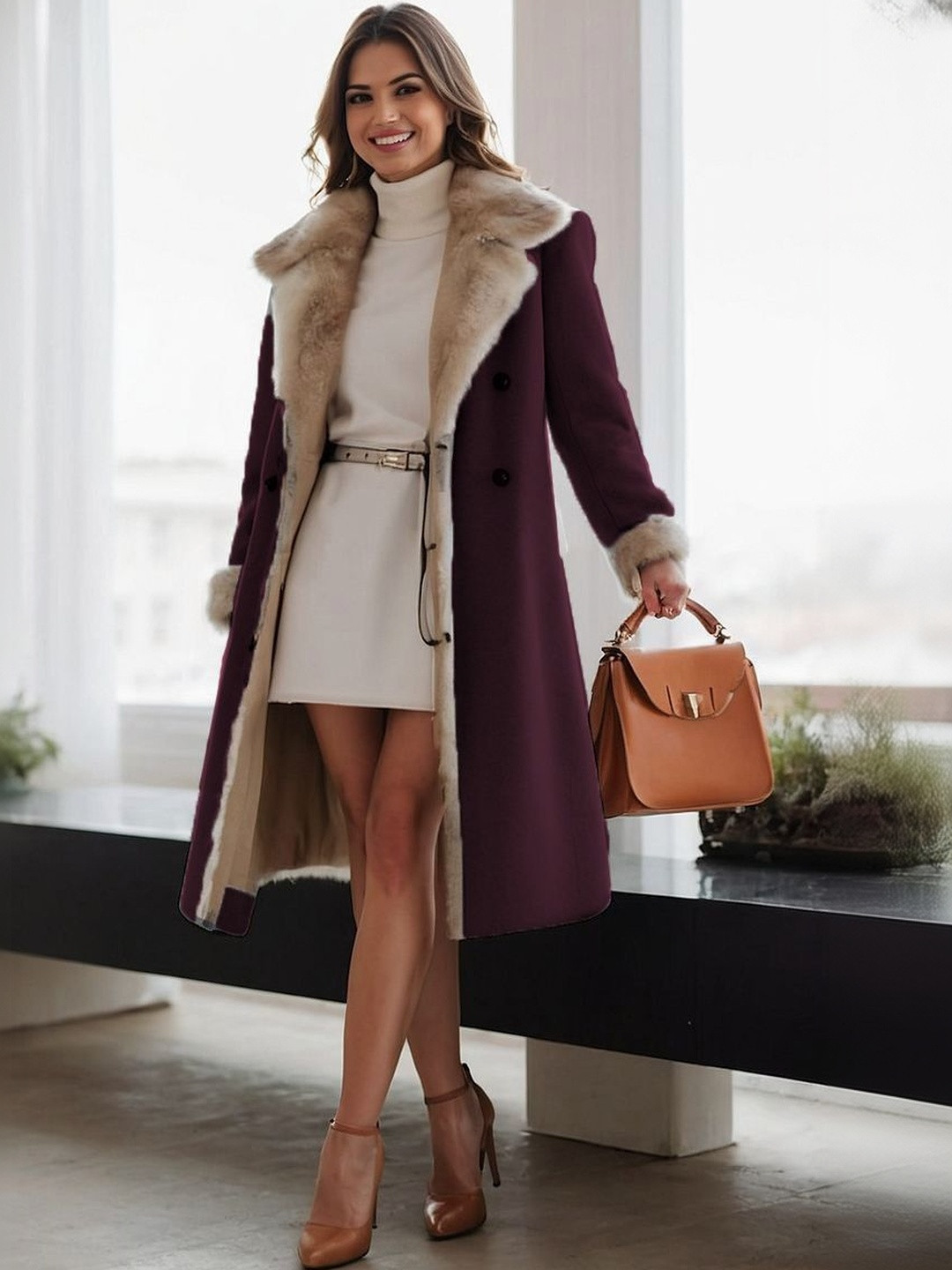 Athena Women Single-Breasted Fur Collar Coat