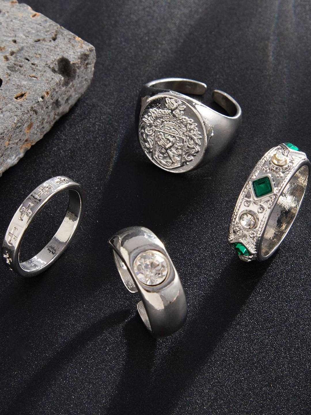 StyleCast x Revolte Men Set Of 4 Silver-Plated Stone-Studded Finger Ring