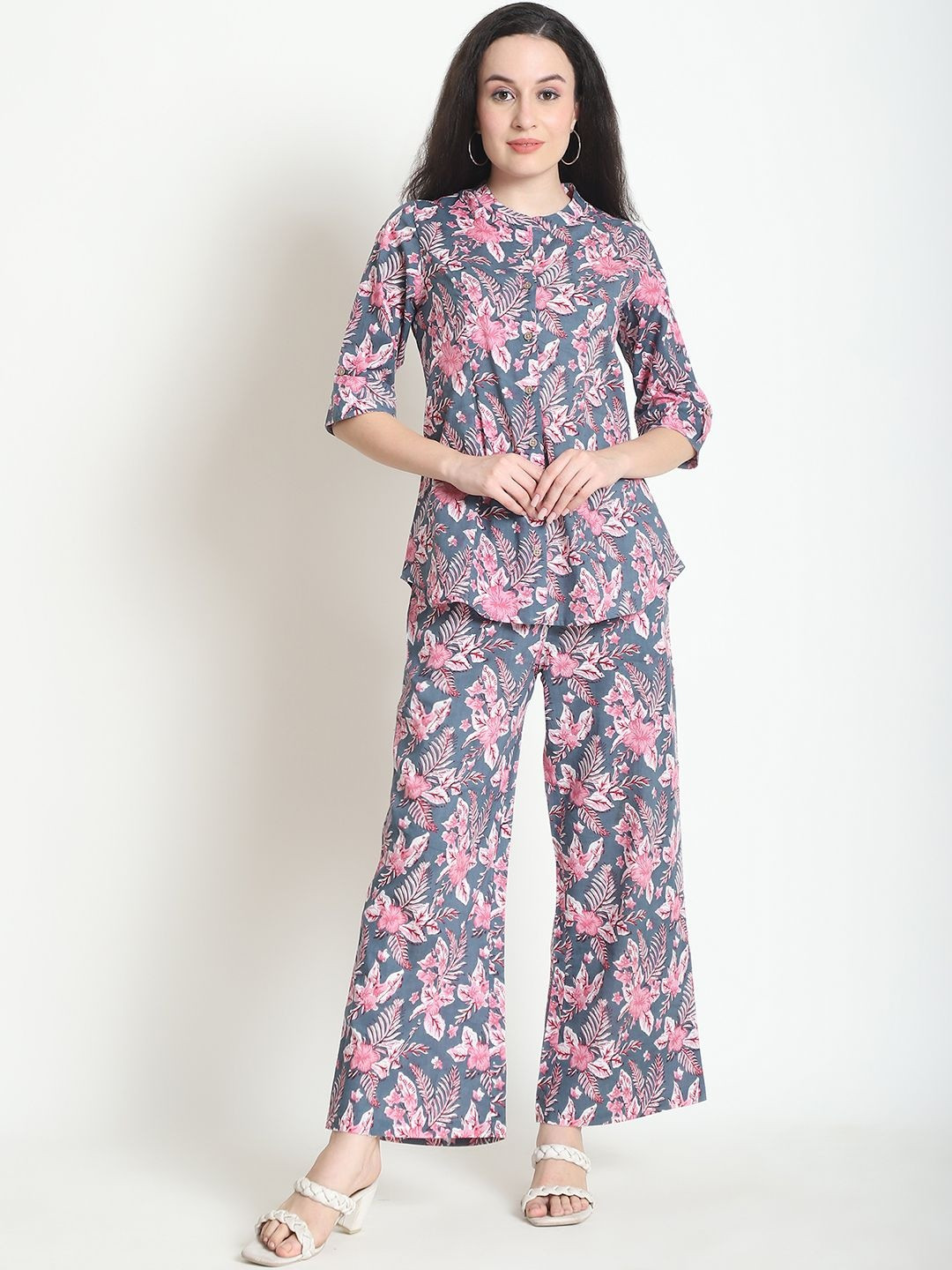 KARPATA Women Floral Printed Mandarin Collar Cotton Top With Palazzos Co-Ords