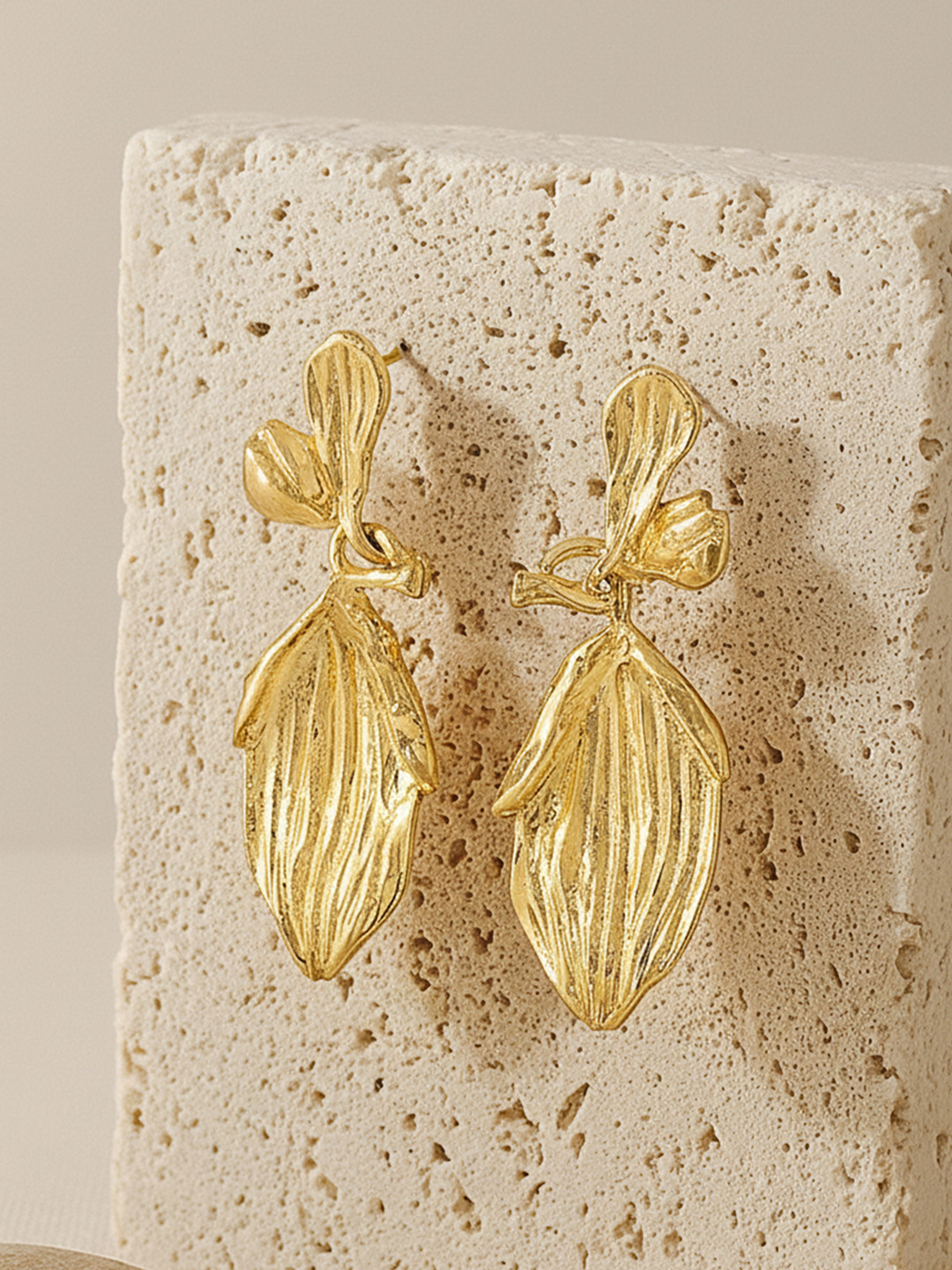 Bohey by KARATCART Gold-Plated Flower Petal Shaped Drop Earrings