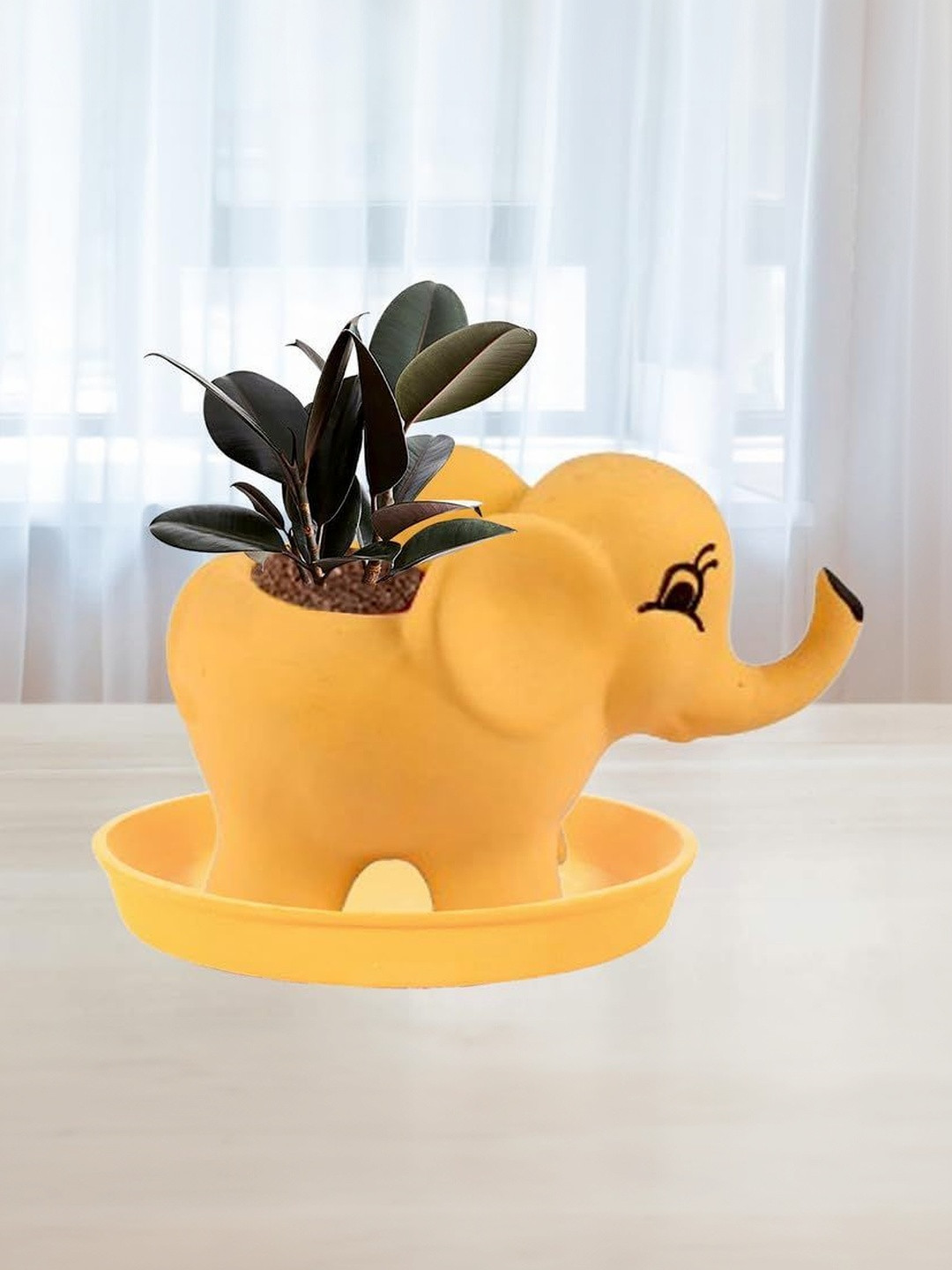 LASAKI Jumbo Yellow & Black Elephant Shaped Ceramic Planter With Plate