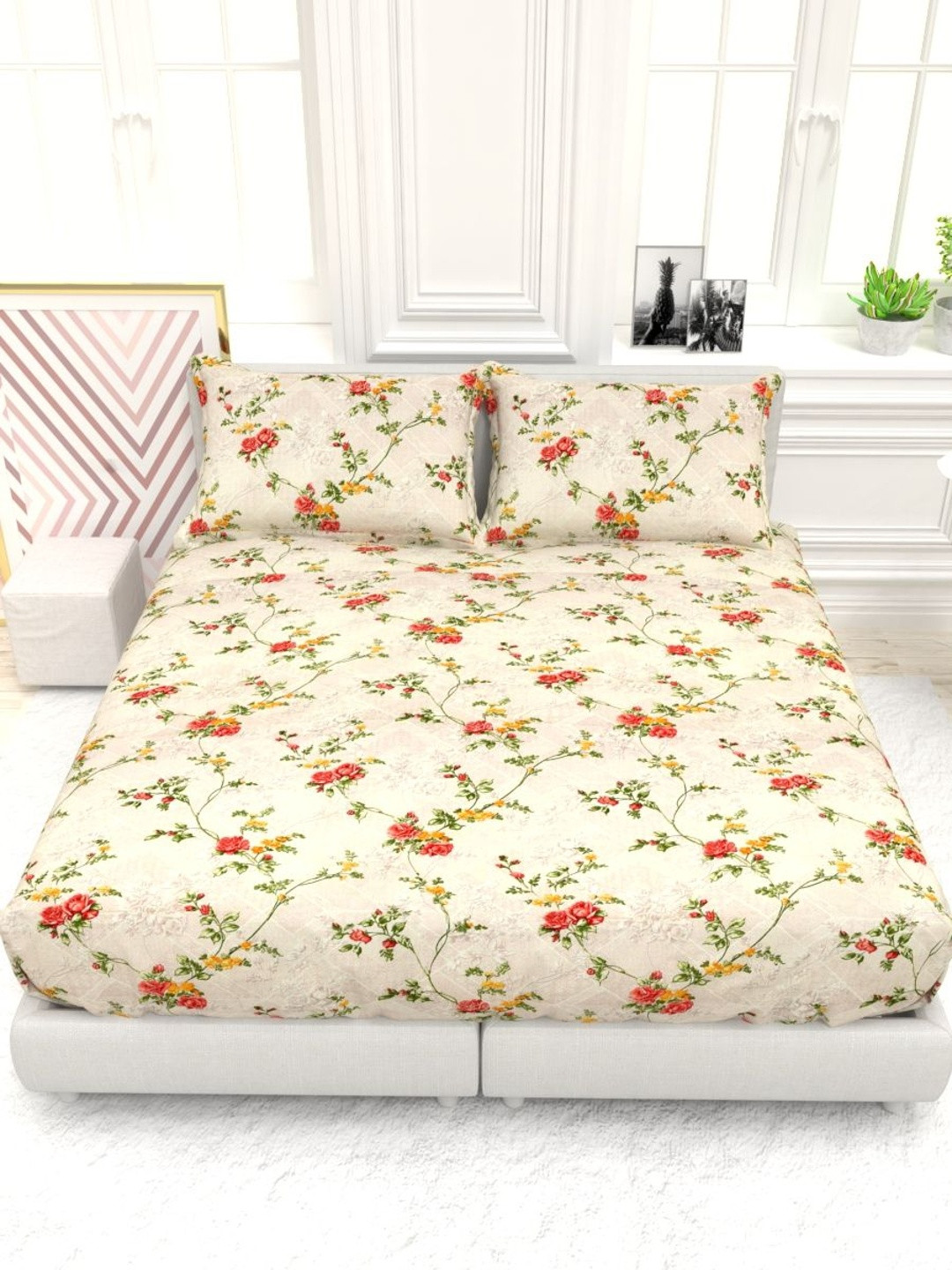 THE WHITE MOSS Cream-Coloured Floral 220 TC King Bedsheet with 2 Pillow Covers