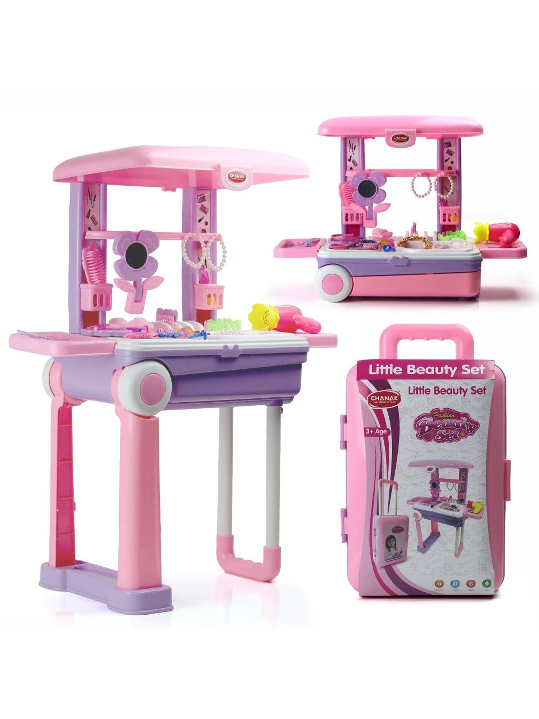 CHANAK Girls 25-Pcs 3-In-1 Convertible Mode Pretend Role Play Beauty Set on Wheels