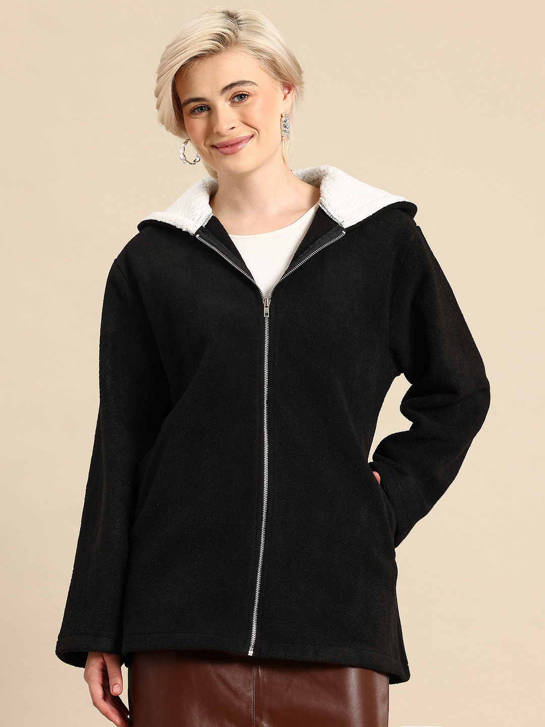 Qurvii Hooded Fleece Longline Tailored Jacket With Single Vent