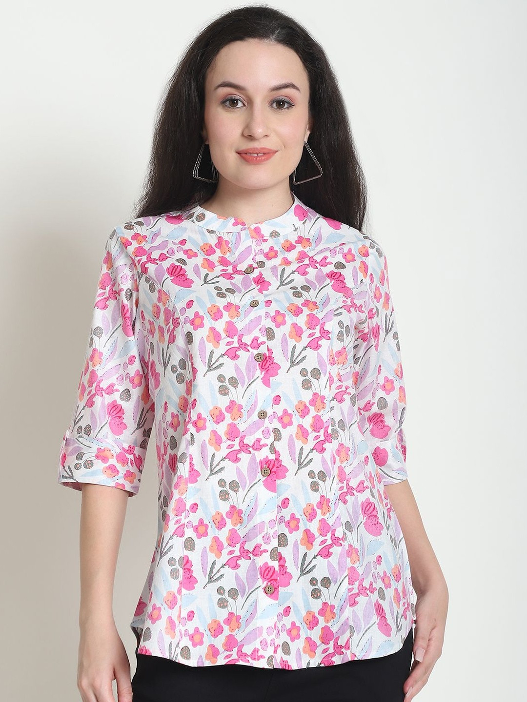 KARPATA Floral Print Mandarin Collar Roll-Up Sleeves Organic Cotton Top