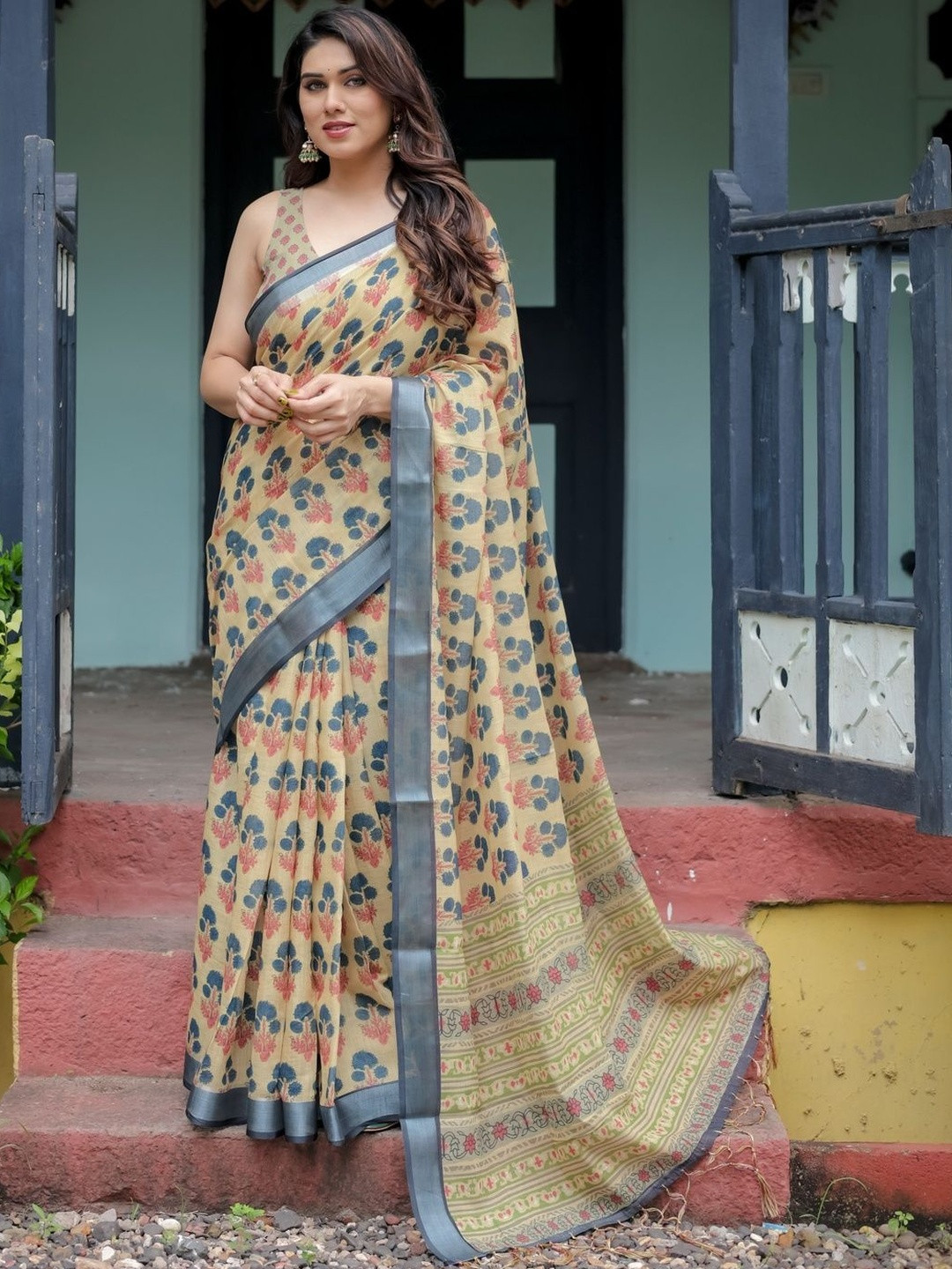 ALMAARI FASHION Floral Printed Pure Linen Banarasi Saree