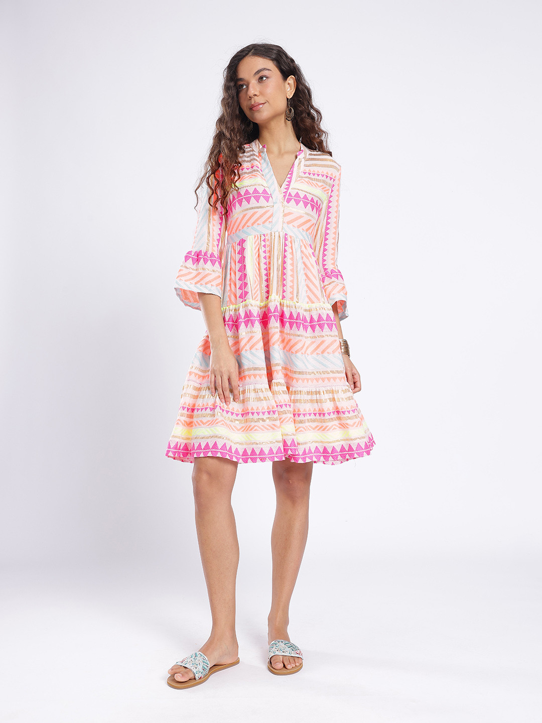 fusion by glitchez Chevron Bell Sleeves Knee Length Dress