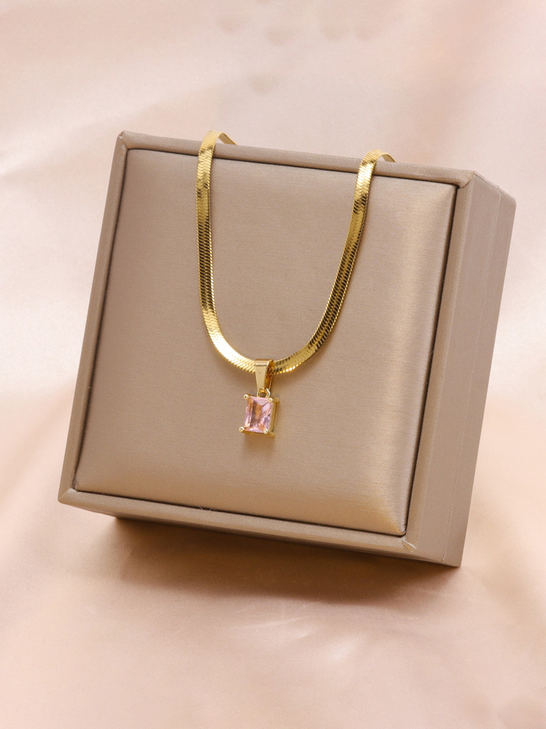 Just Lil Things Gold-Plated Artificial Stones Studded Square Pendants With Chains