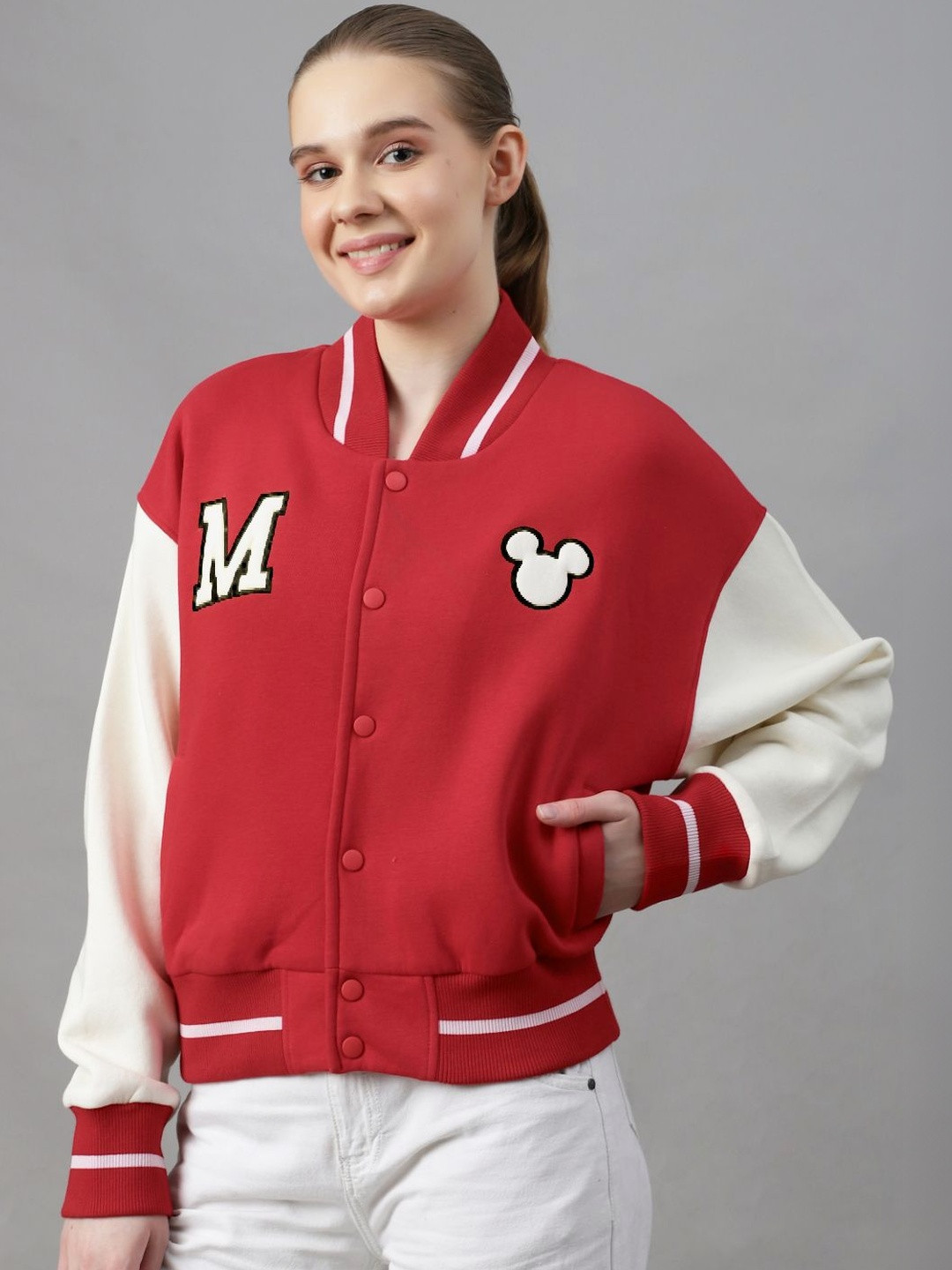 Free Authority Mickey & Friends Printed Stand Collar Long Sleeve Varsity Jacket