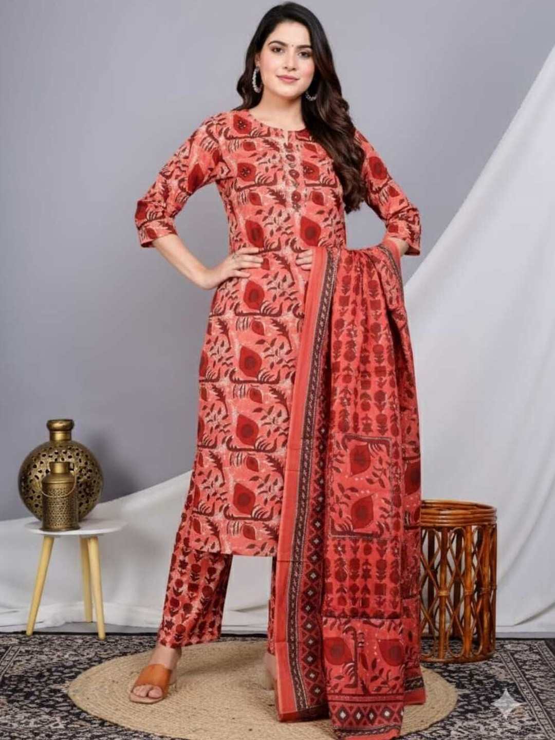 The Tinge Ethnic Motifs Printed Pure Cotton Kurta With Trousers & Dupatta