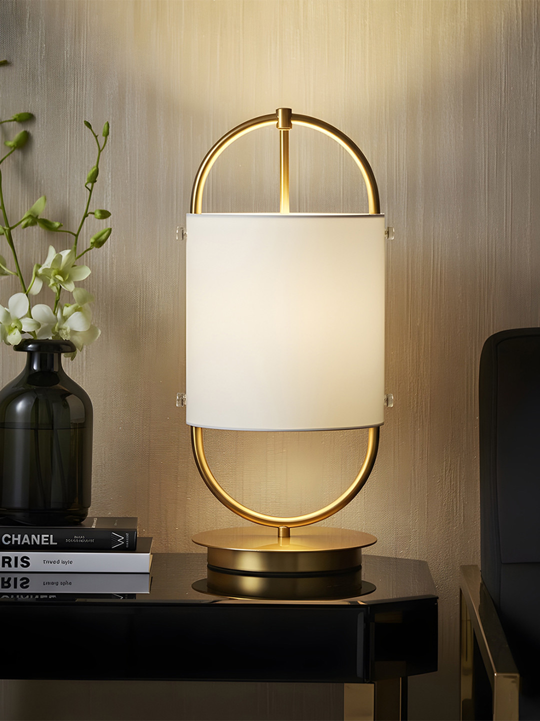 AARVI DECOR STUDIO Gold-Toned And White Adjustable Cylindrical Shaped Table Lamp