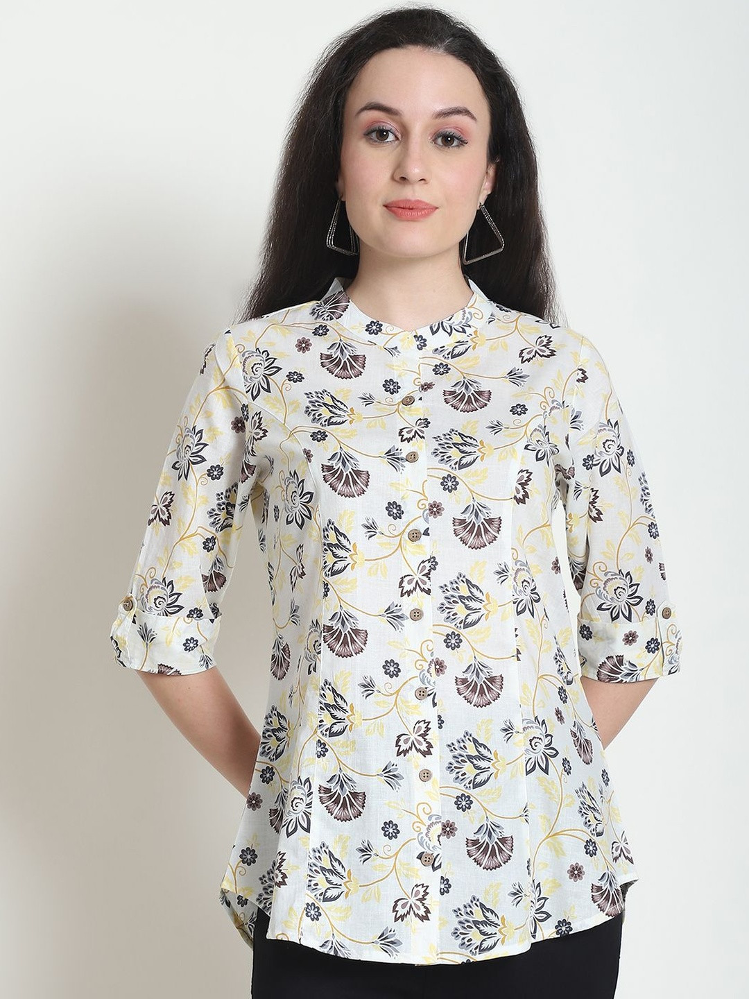 KARPATA Floral Print Mandarin Collar Organic Cotton Top