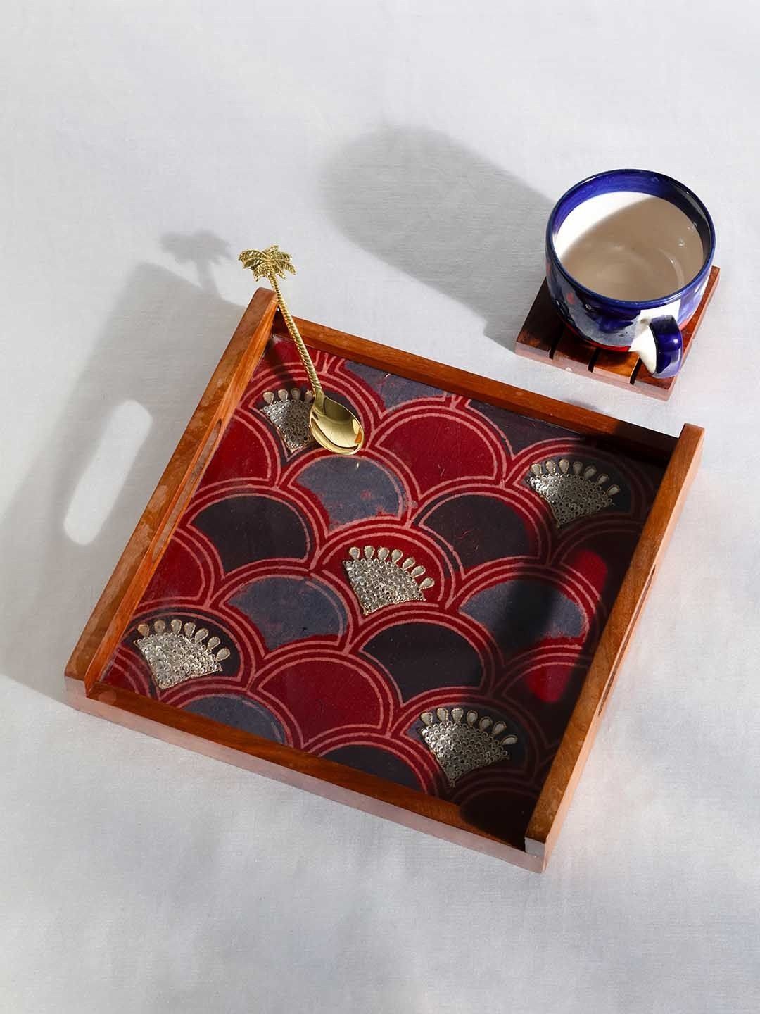 Eyaas Maroon & Blue Gota Work Rectangular Wooden Serving Tray