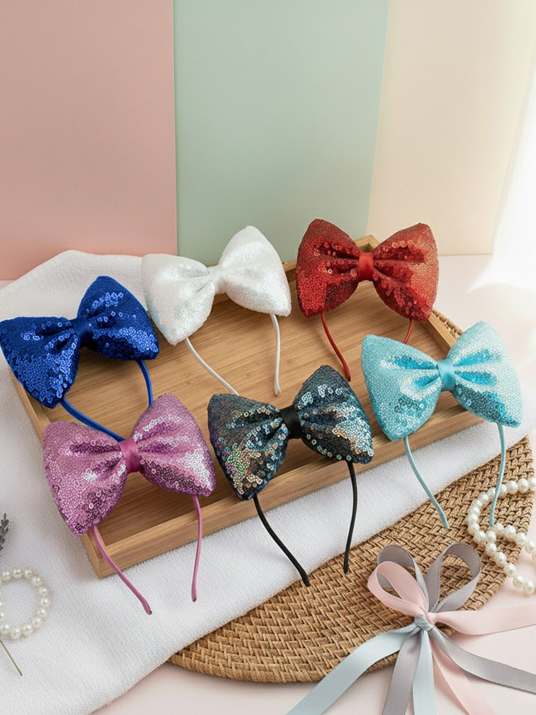 KRENOZ Girls Set of 6  Glitter Sequin Hair Bow Headbands