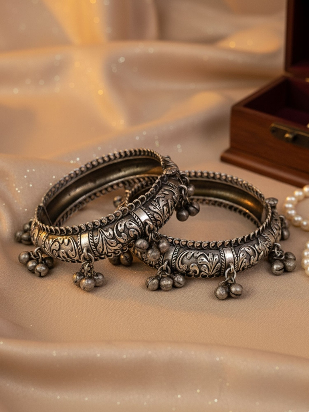 KARATCART Set Of 2 Silver-Plated Tribal Design Oxidized  Bangles