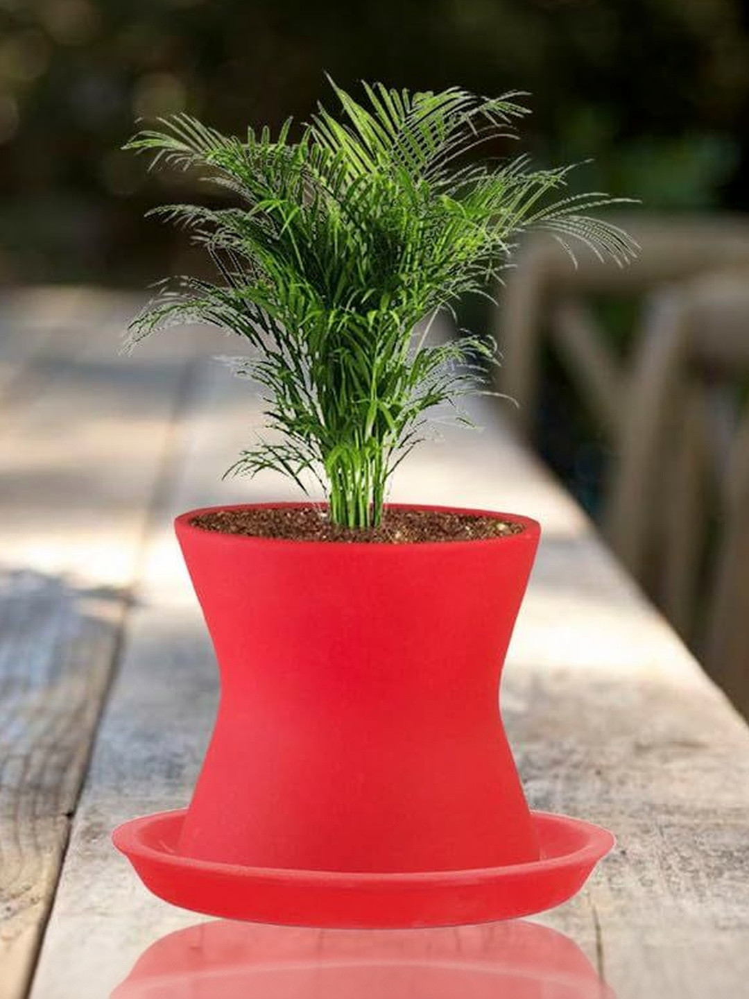 LASAKI Damru Red Textured Ceramic Durable Planter With Plate