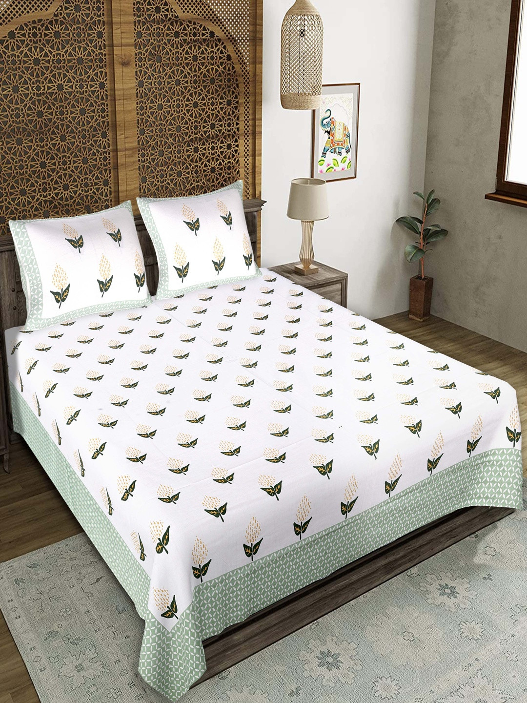 JEEVAT White Floral 220 TC King Bedsheet with 2 Pillow Covers