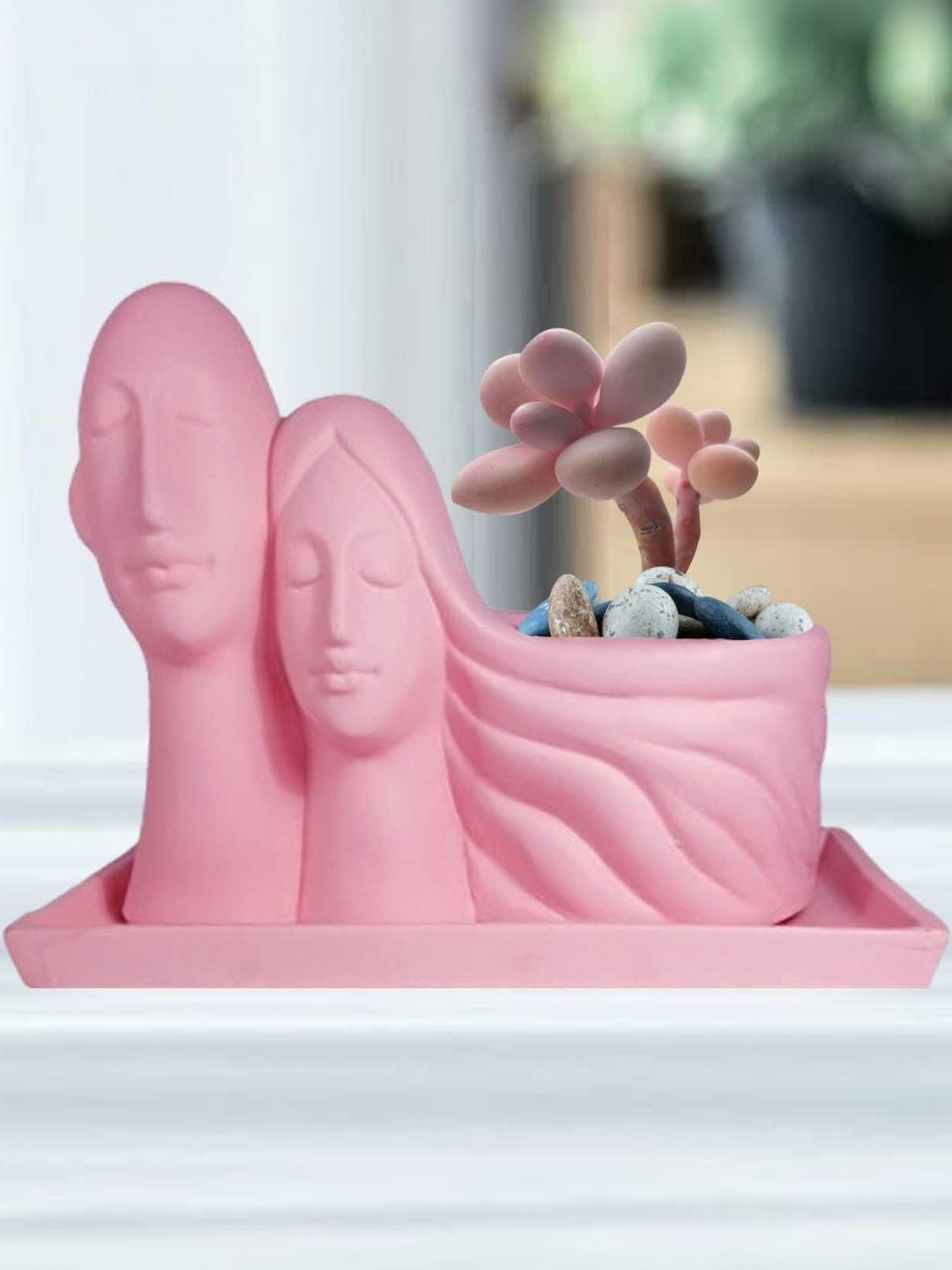 LASAKI Pink Textured Couple Ceramic Durable Planter With Plate