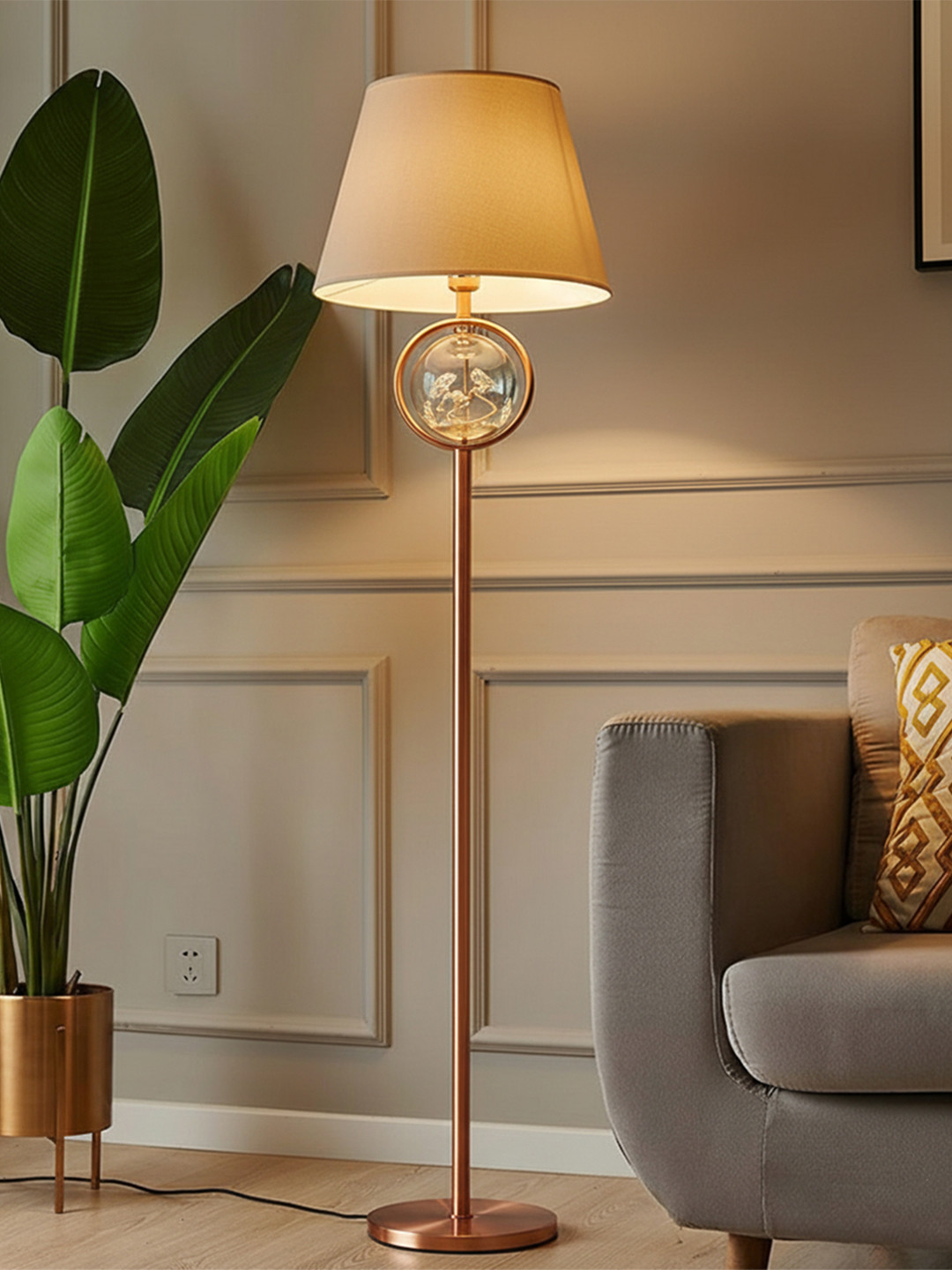 AARVI DECOR STUDIO Gold toned And White Decorative Bloom Frustum Floor Lamp