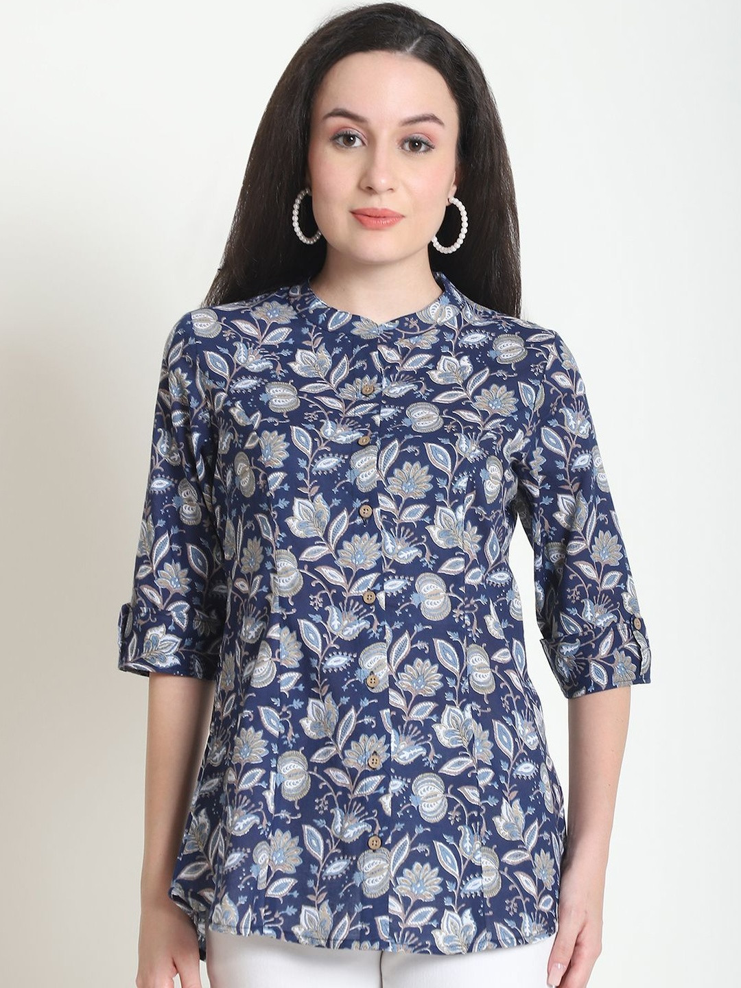 KARPATA Floral Print Mandarin Collar Roll-Up Sleeves Organic Cotton Top