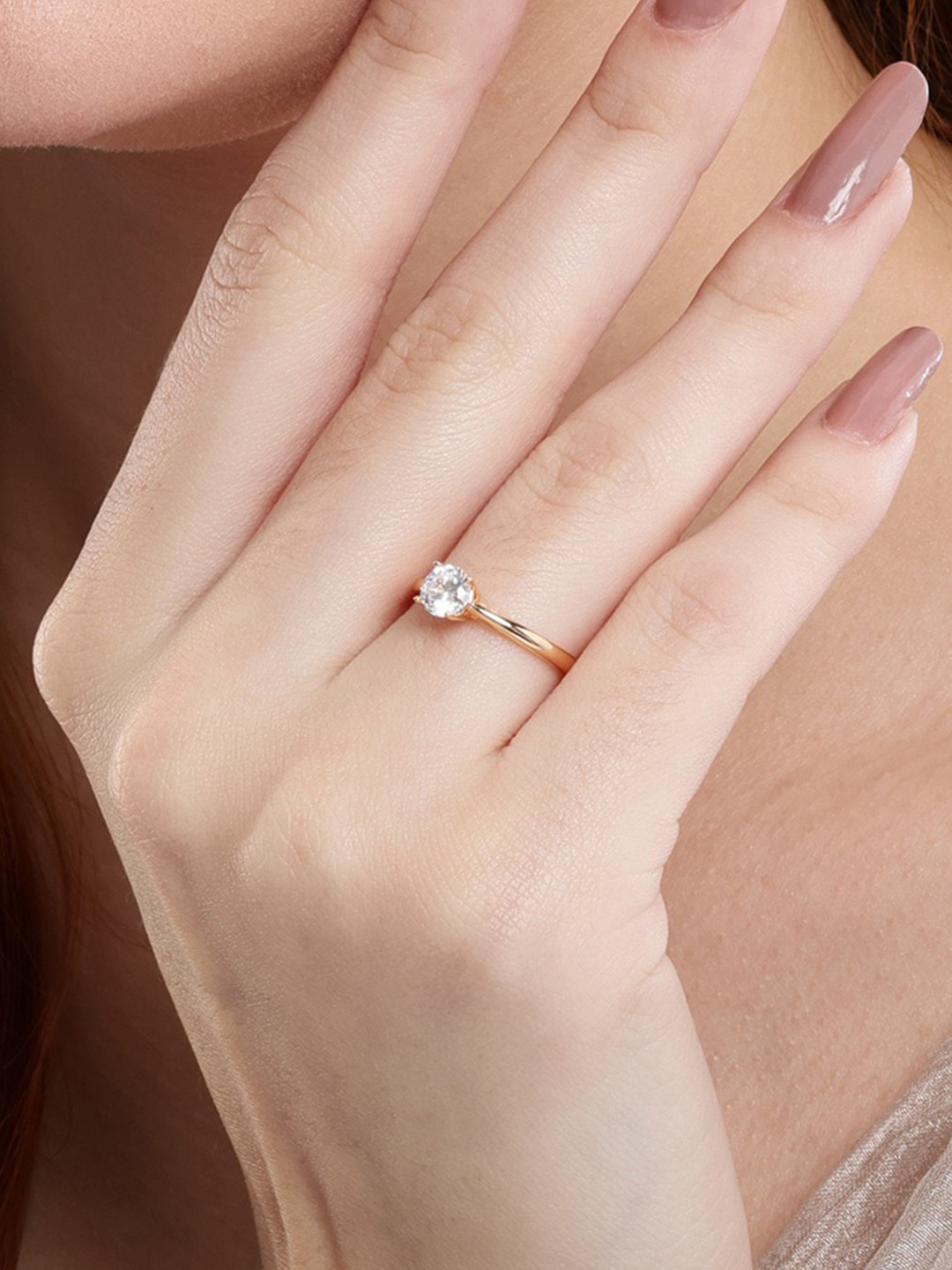 Nuyug Gold-Plated American Diamond-Studded Pristine 5mm Solitaire Ring