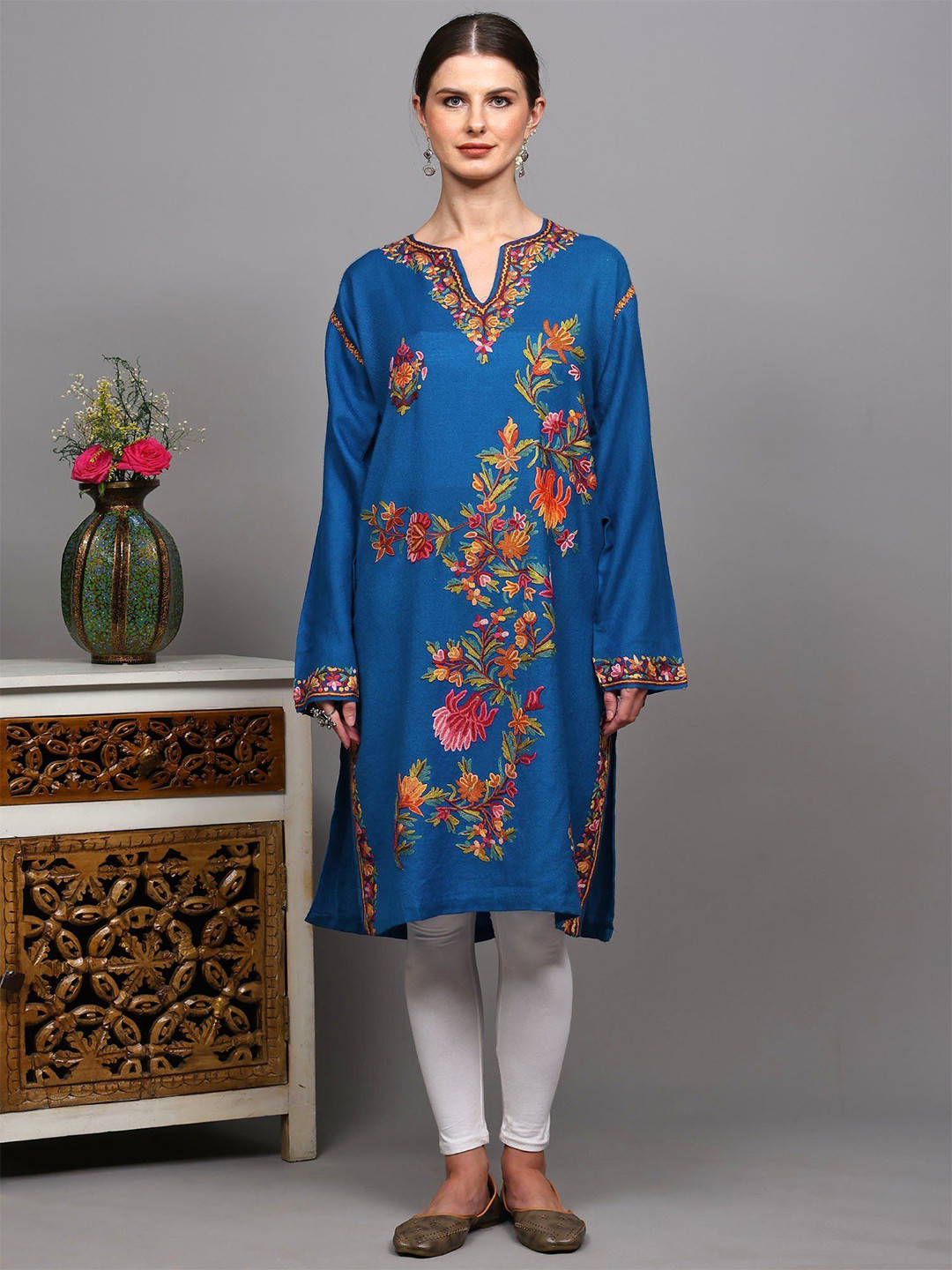 Exotic India Women Floral Embroidered Thread Work Phiran with Aari Woollen Straight Kurta