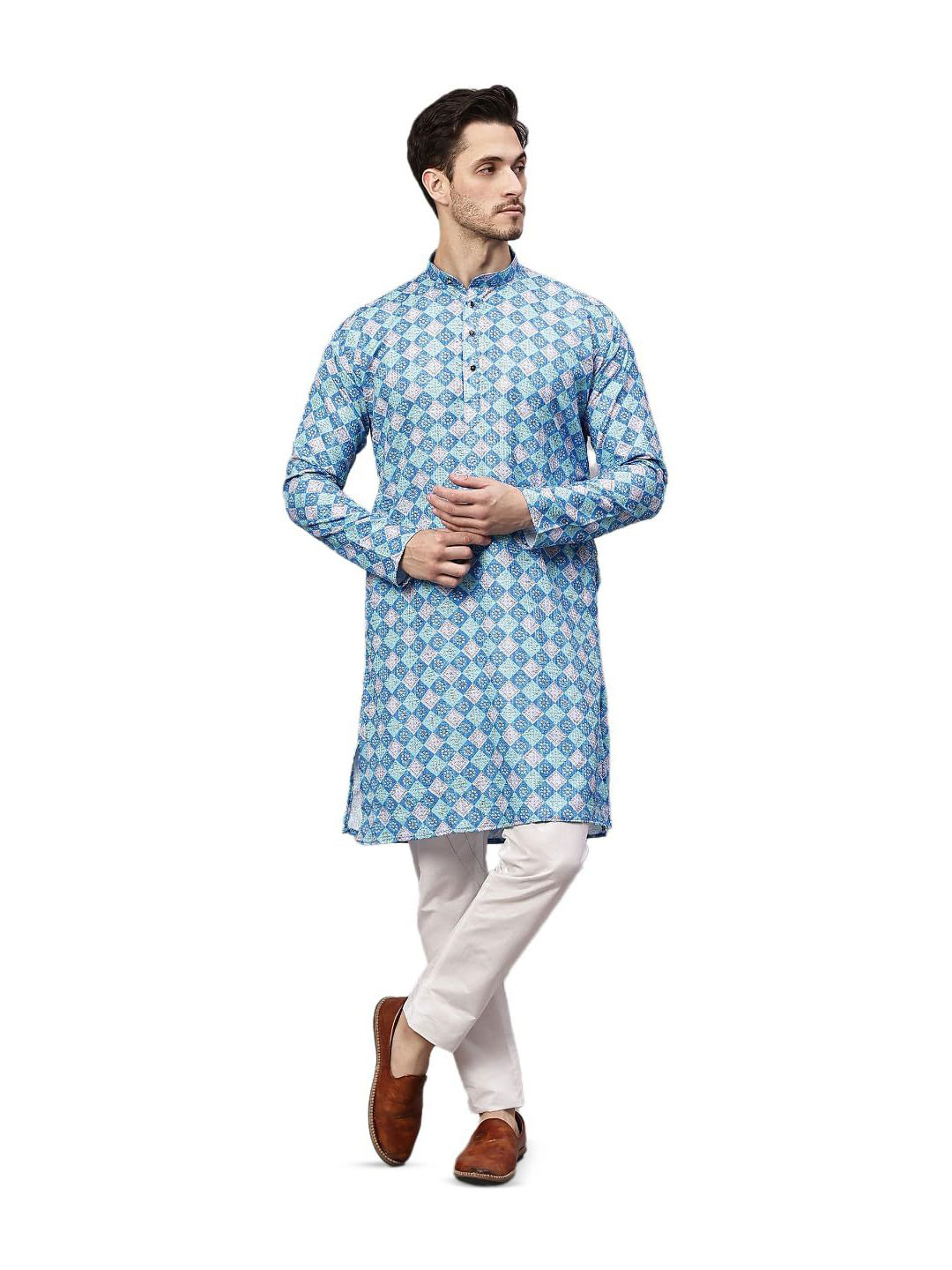 Floura Men Geometric Printed Mandarin Collar Cotton Straight Kurta