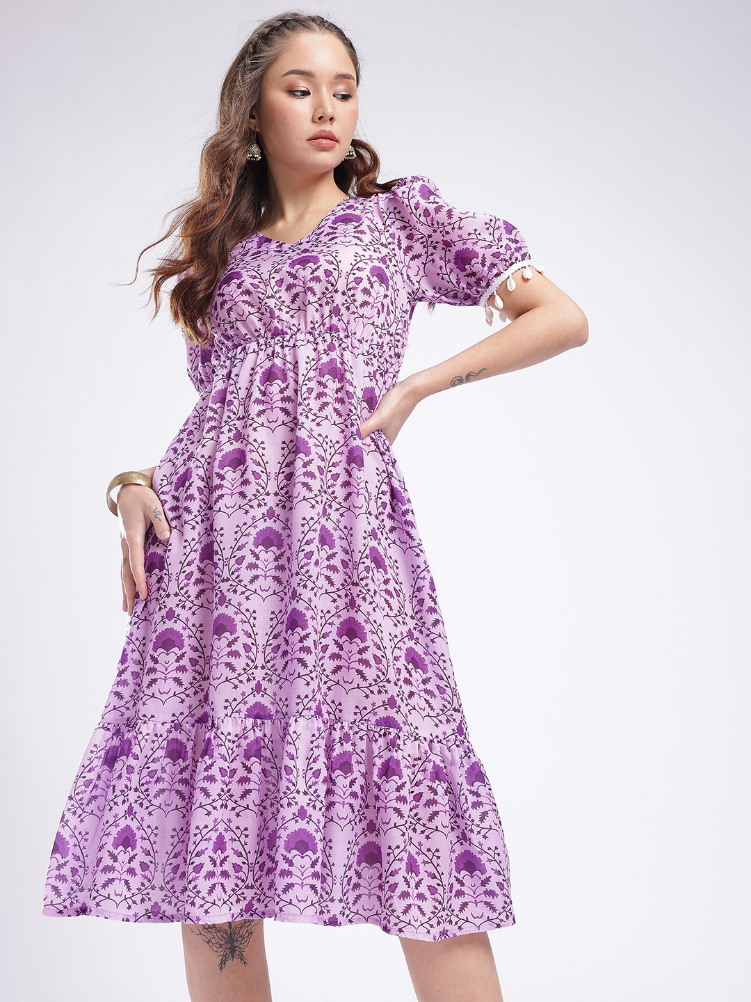 fusion by glitchez Floral Printed Shell Embellished V-Neck Puff Sleeve A-Line Midi Dress