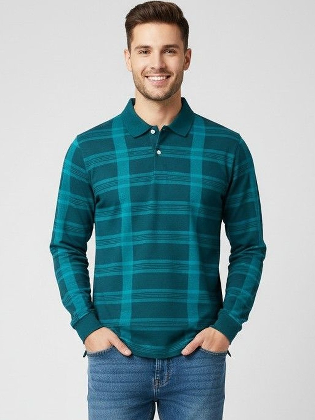 AUTNA Men Green Checked Polo Collar Long Sleeve T-shirt