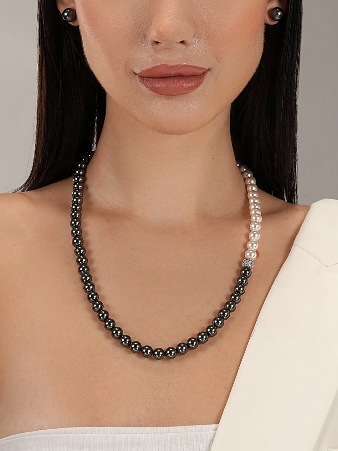 Basraa Women Handcrafted Black & White Pearl Beaded Necklace with Crystal Accent