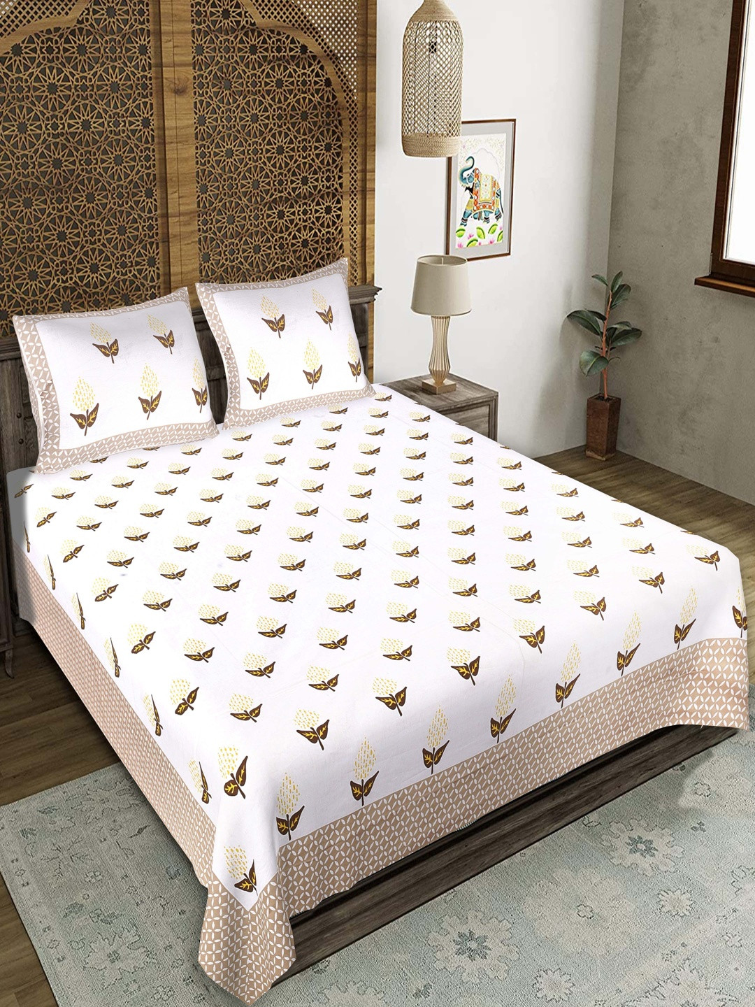 JEEVAT White Floral 220 TC King Bedsheet with 2 Pillow Covers