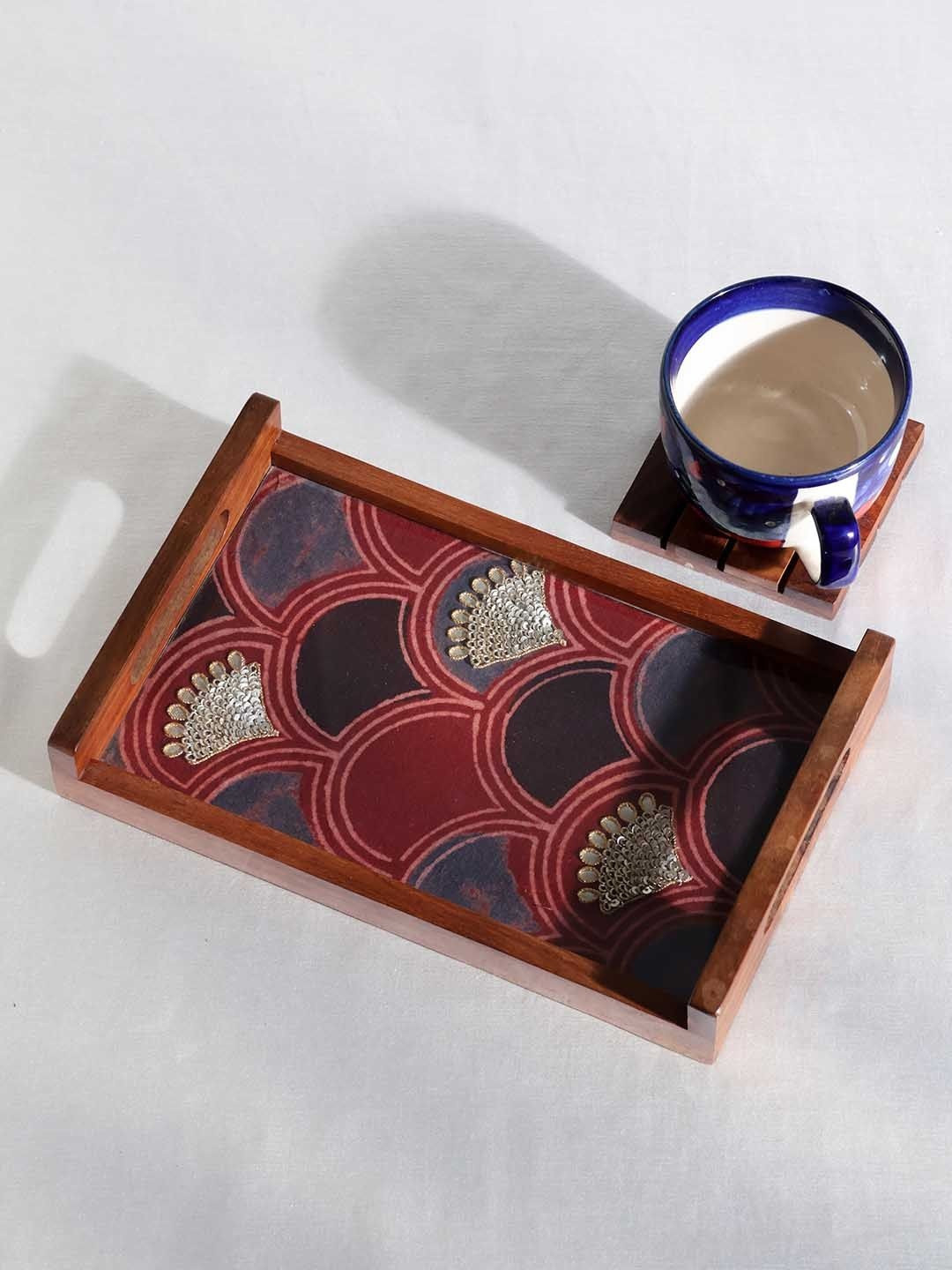 Eyaas Maroon & Blue Gota Work Rectangular Wooden Serving Tray
